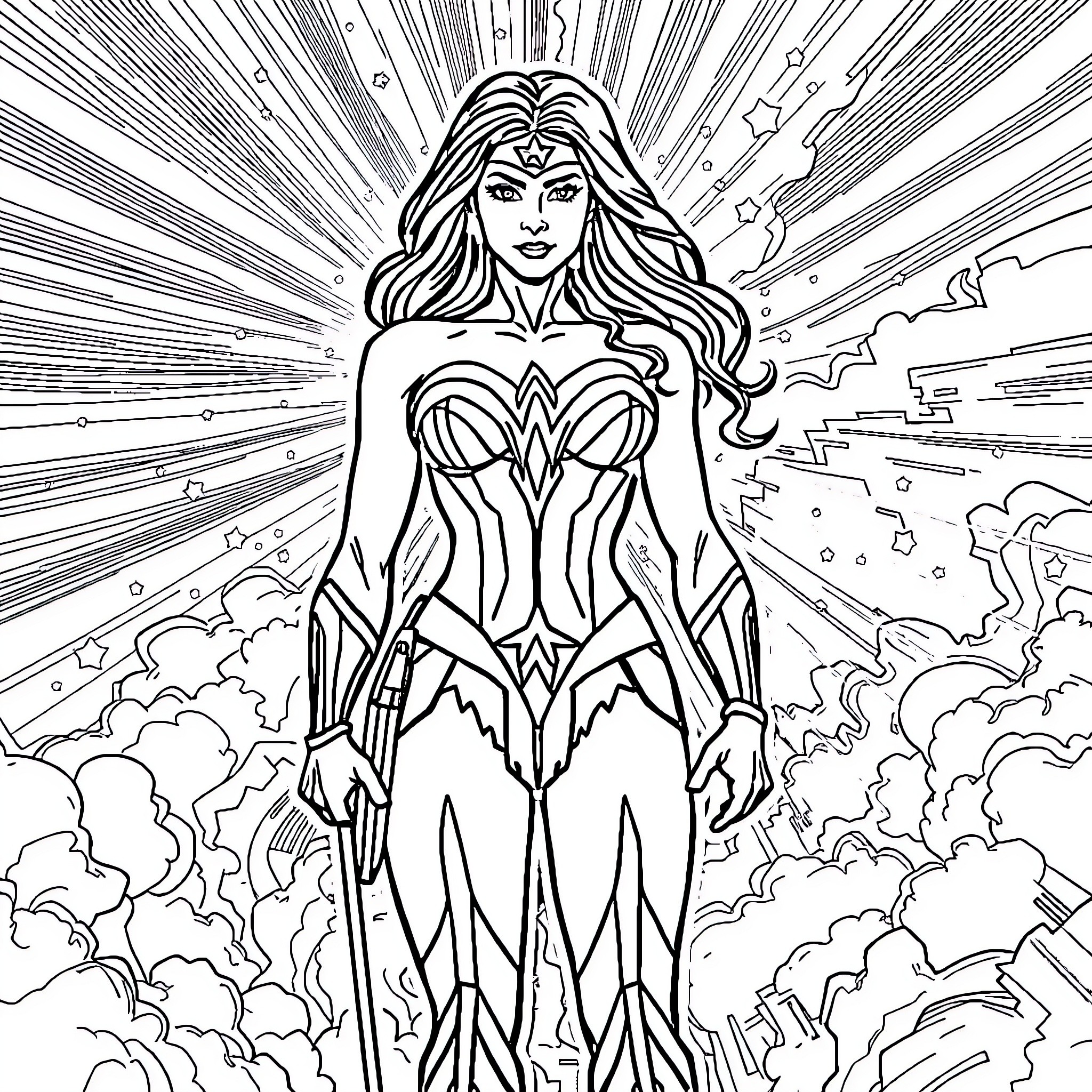 Wonder Woman in heroic battle stance Coloring Page (free black-and-white line drawing printable PDF for all, from beginners to advanced learners, including children, teens, adults, and seniors)