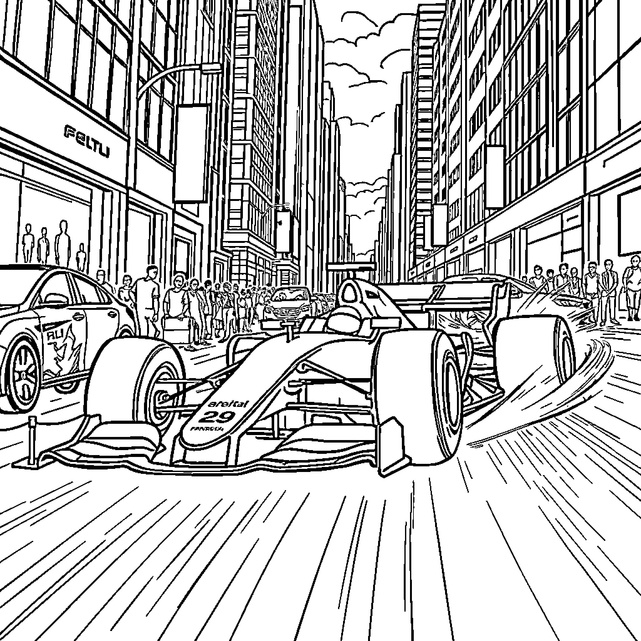 Formula 1 Car racing through the city streets Coloring Page (free black-and-white line drawing printable PDF for all, from beginners to advanced learners, including children, teens, adults, and seniors)