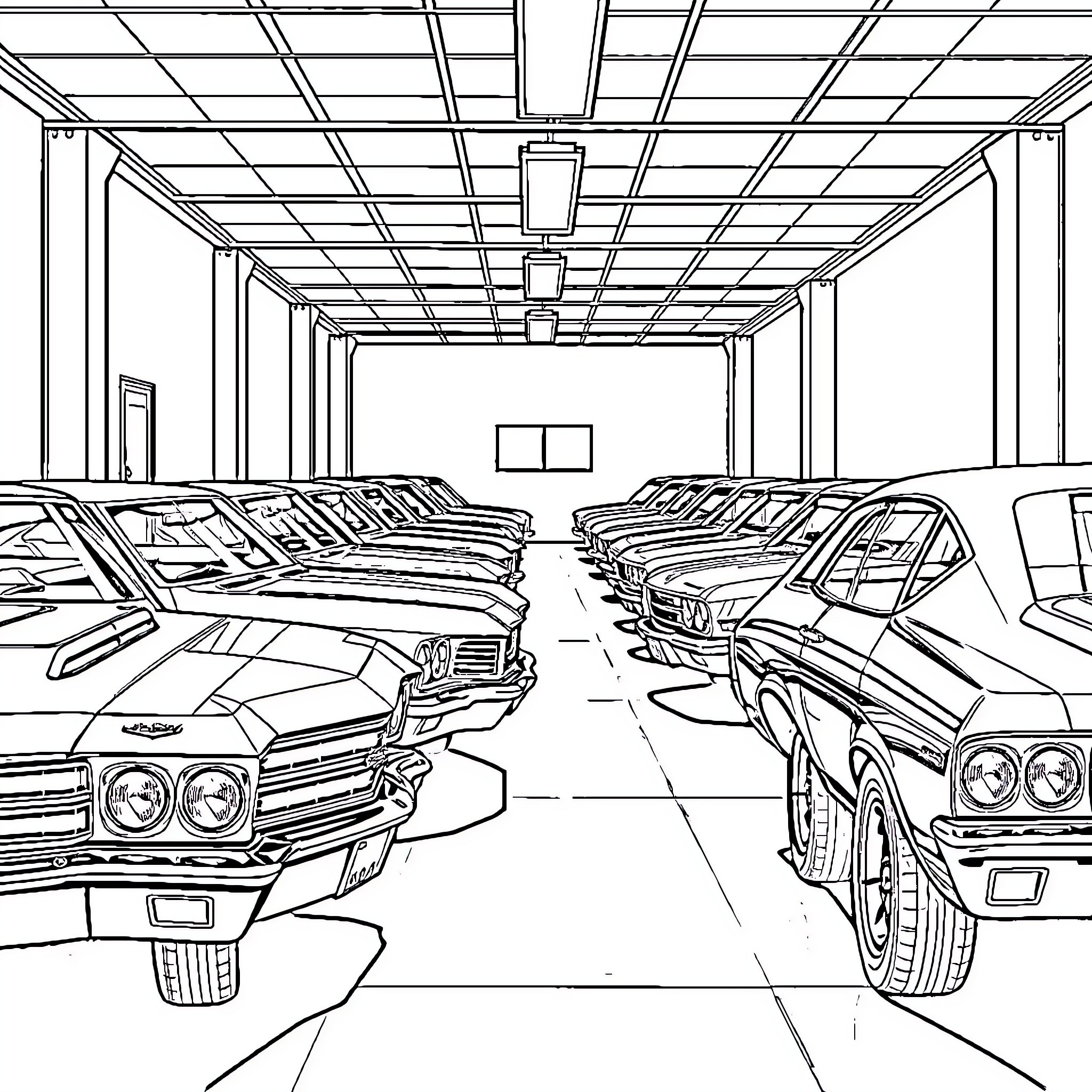 Chevelle muscle cars parked in workshop Coloring Page (free black-and-white line drawing printable PDF for all, from beginners to advanced learners, including children, teens, adults, and seniors)