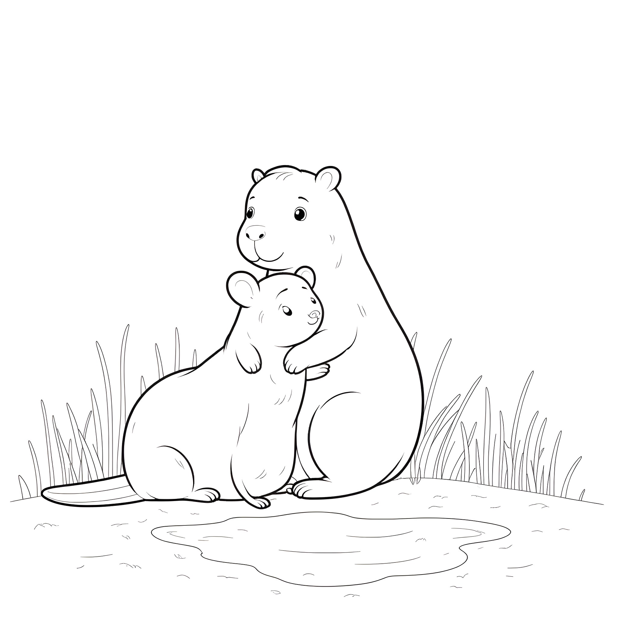 Capybara parents and their baby cuddling in the grass Coloring Page (free black-and-white line drawing printable PDF for all, from beginners to advanced learners, including children, teens, adults, and seniors)