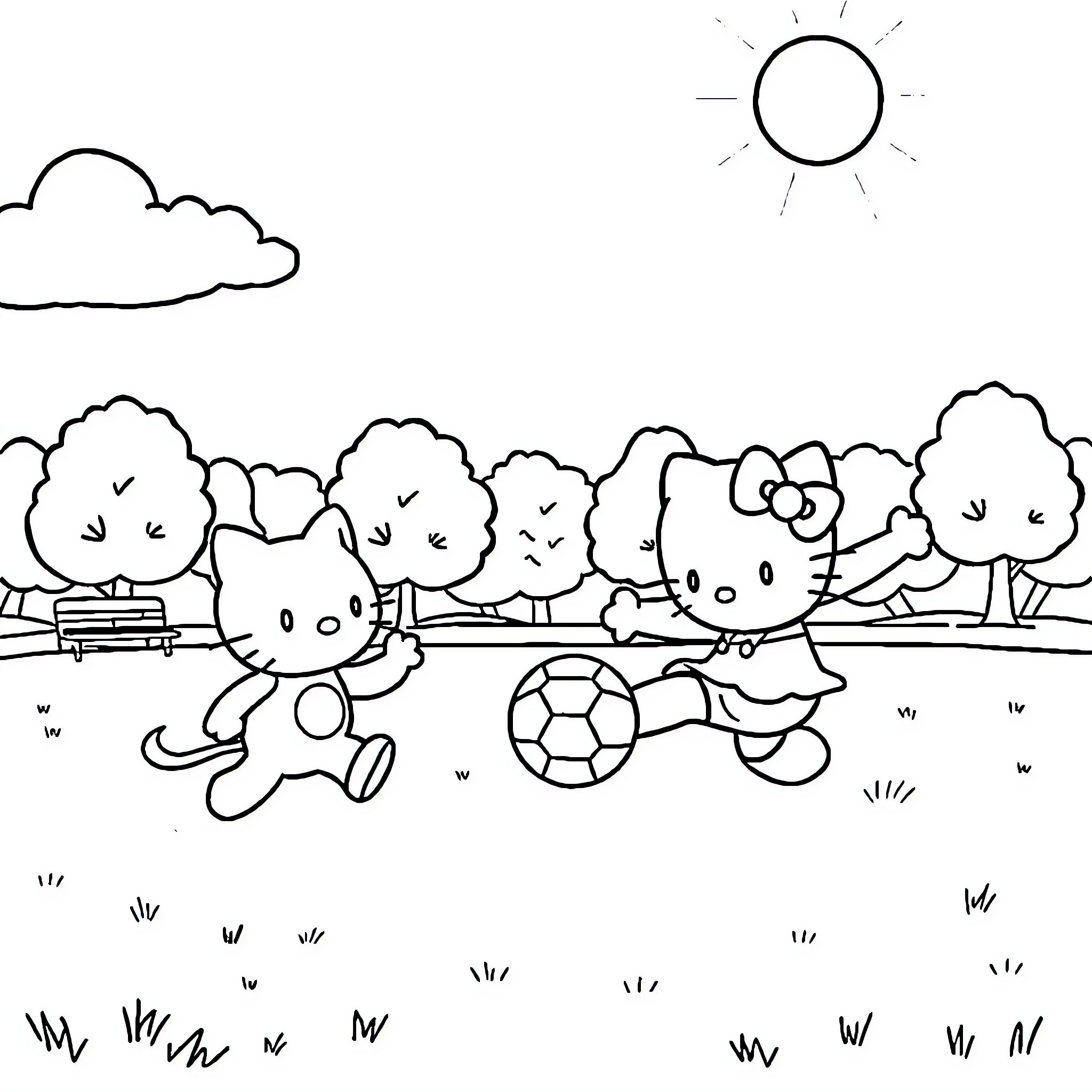 Hello Kitty playing with friends in the park Coloring Page (free black-and-white line drawing printable PDF for all, from beginners to advanced learners, including children, teens, adults, and seniors)