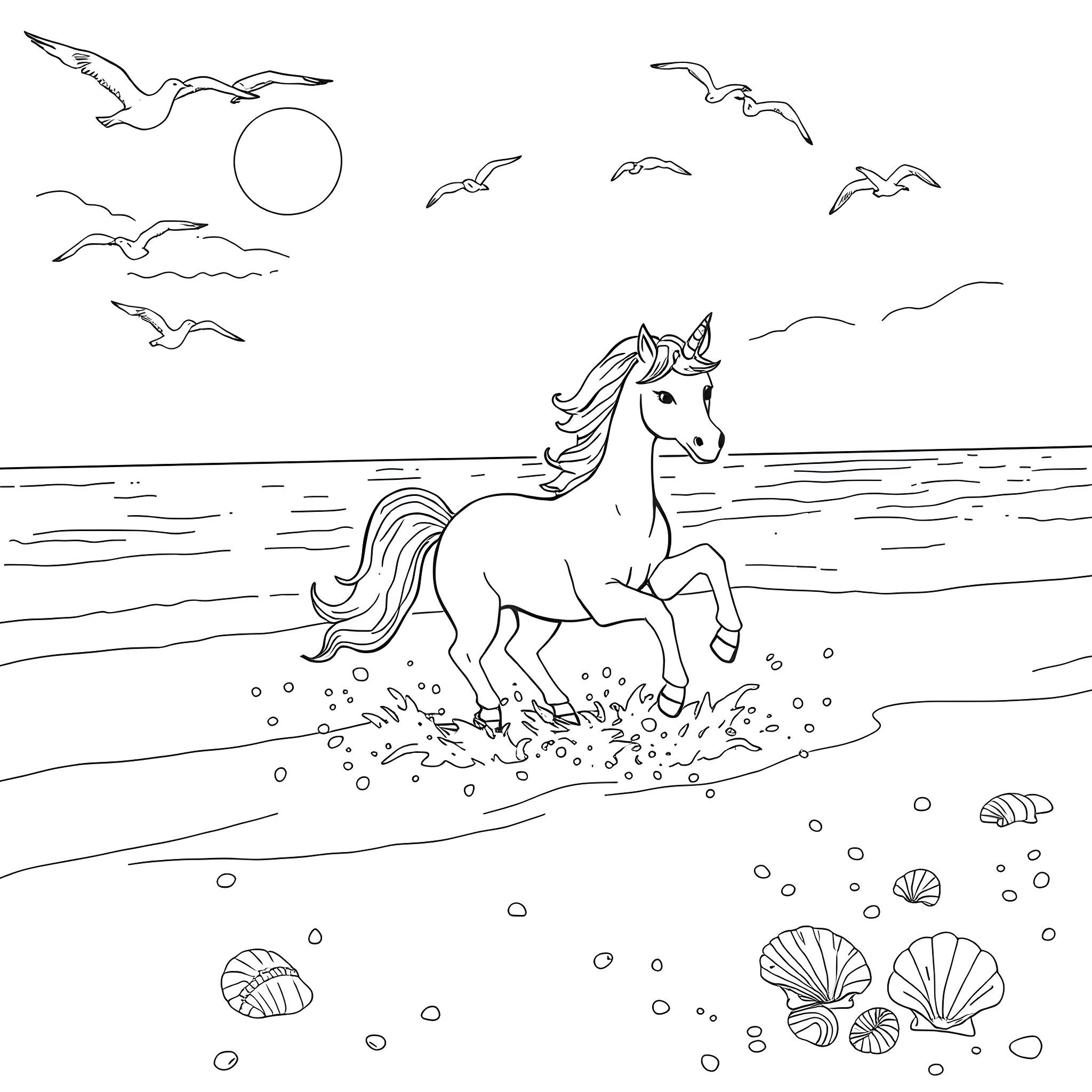 Unicorn frolicking on the beach with seagulls Coloring Page (free black-and-white line drawing printable PDF for all, from beginners to advanced learners, including children, teens, adults, and seniors)