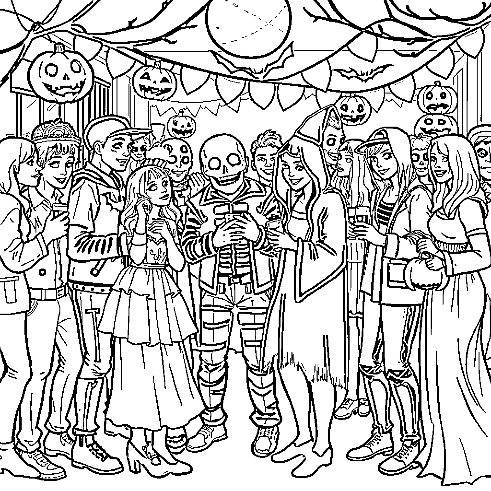 Halloween Costume Party with Spooky Decorations Coloring Page (free black-and-white line drawing printable PDF for all, from beginners to advanced learners, including children, teens, adults, and seniors)