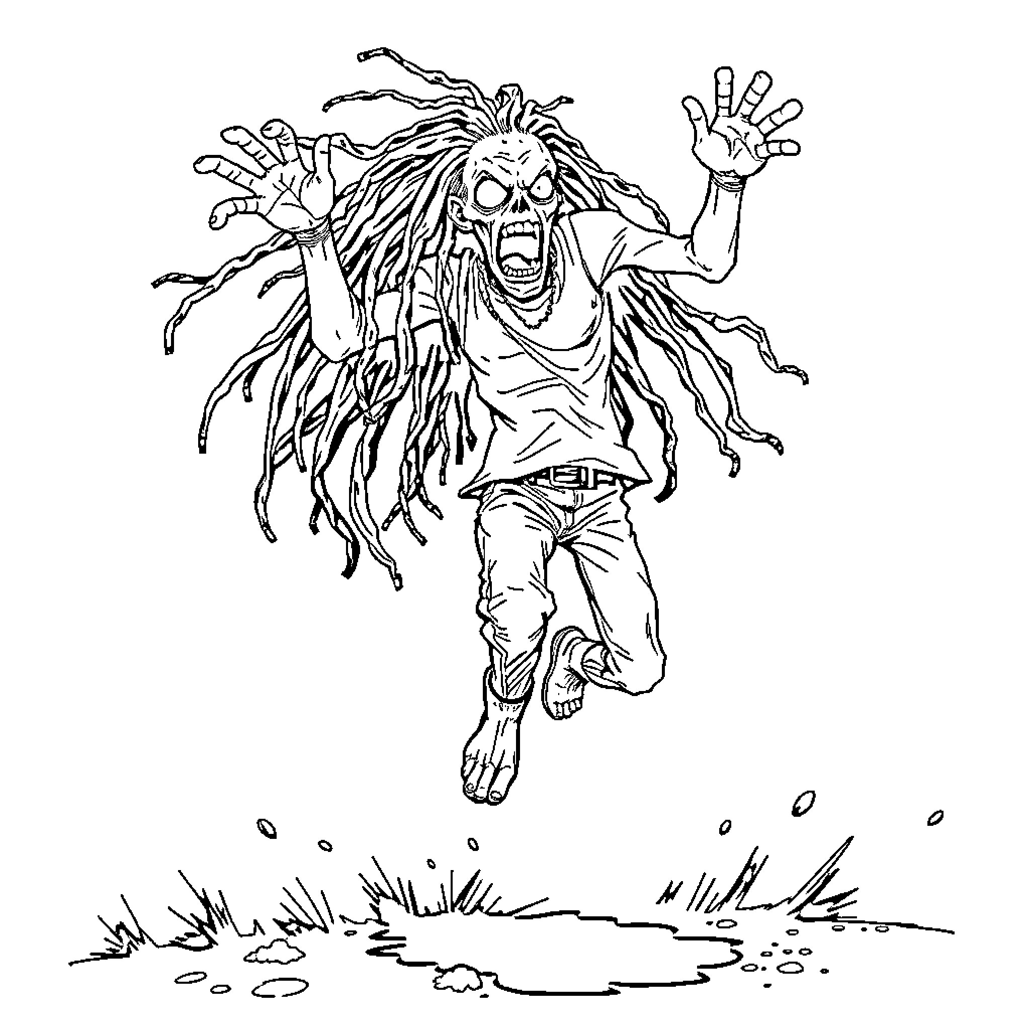 Zombie with Frightening Appearance Charging Forward Coloring Page (free black-and-white line drawing printable PDF for all, from beginners to advanced learners, including children, teens, adults, and seniors)