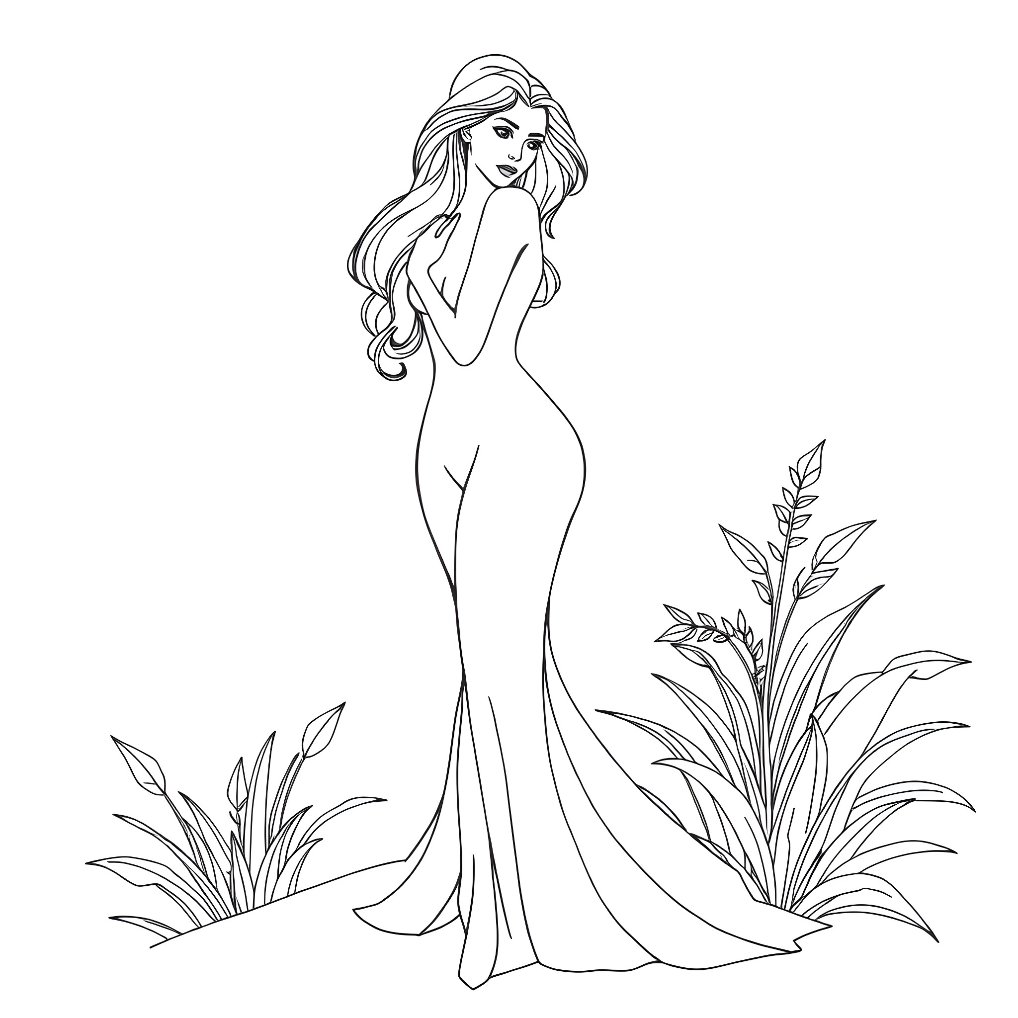 Woman in elegant gown surrounded by nature Coloring Page (free black-and-white line drawing printable PDF for all, from beginners to advanced learners, including children, teens, adults, and seniors)