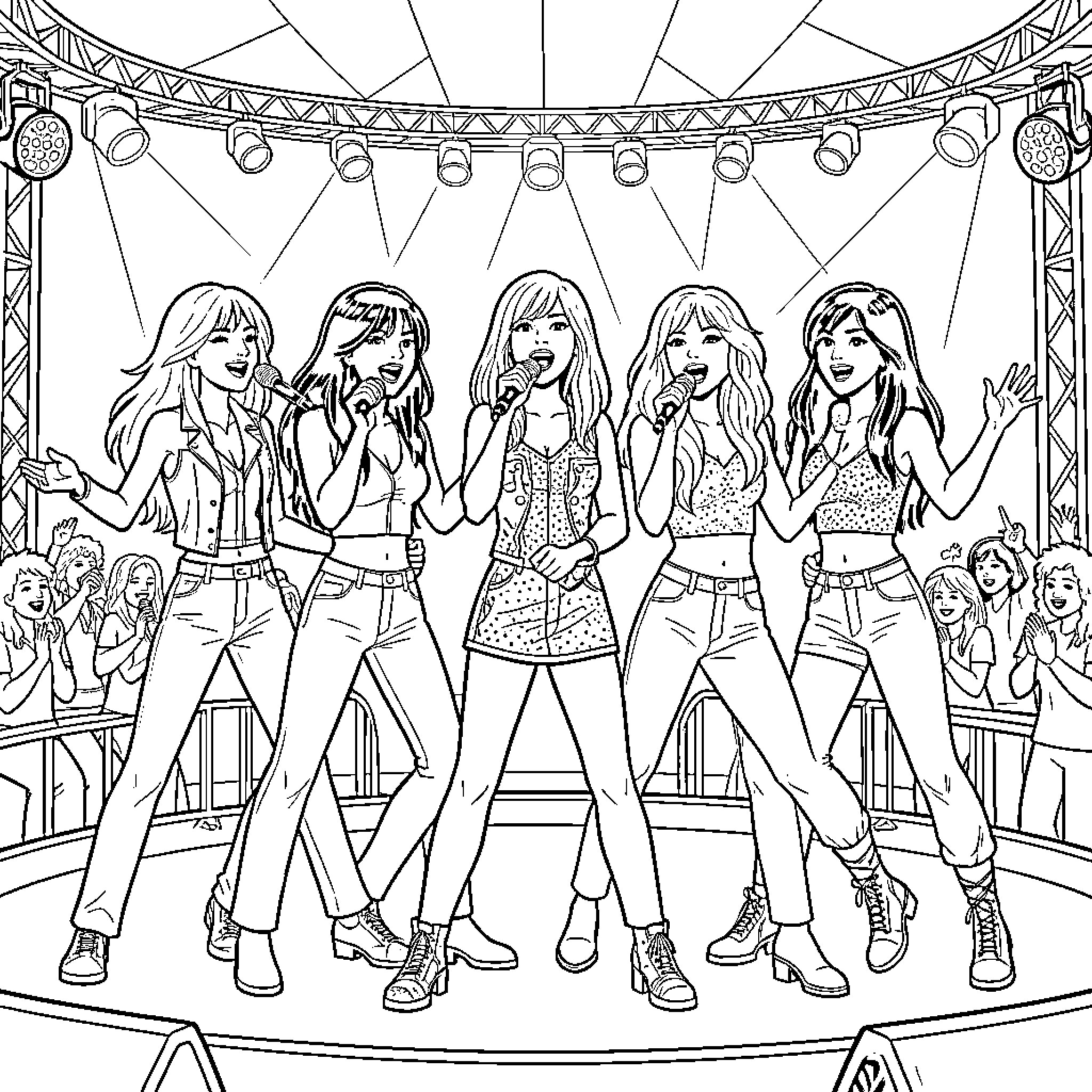 Spice Girl band performing energetically on a concert stage Coloring Page (free black-and-white line drawing printable PDF for all, from beginners to advanced learners, including children, teens, adults, and seniors)