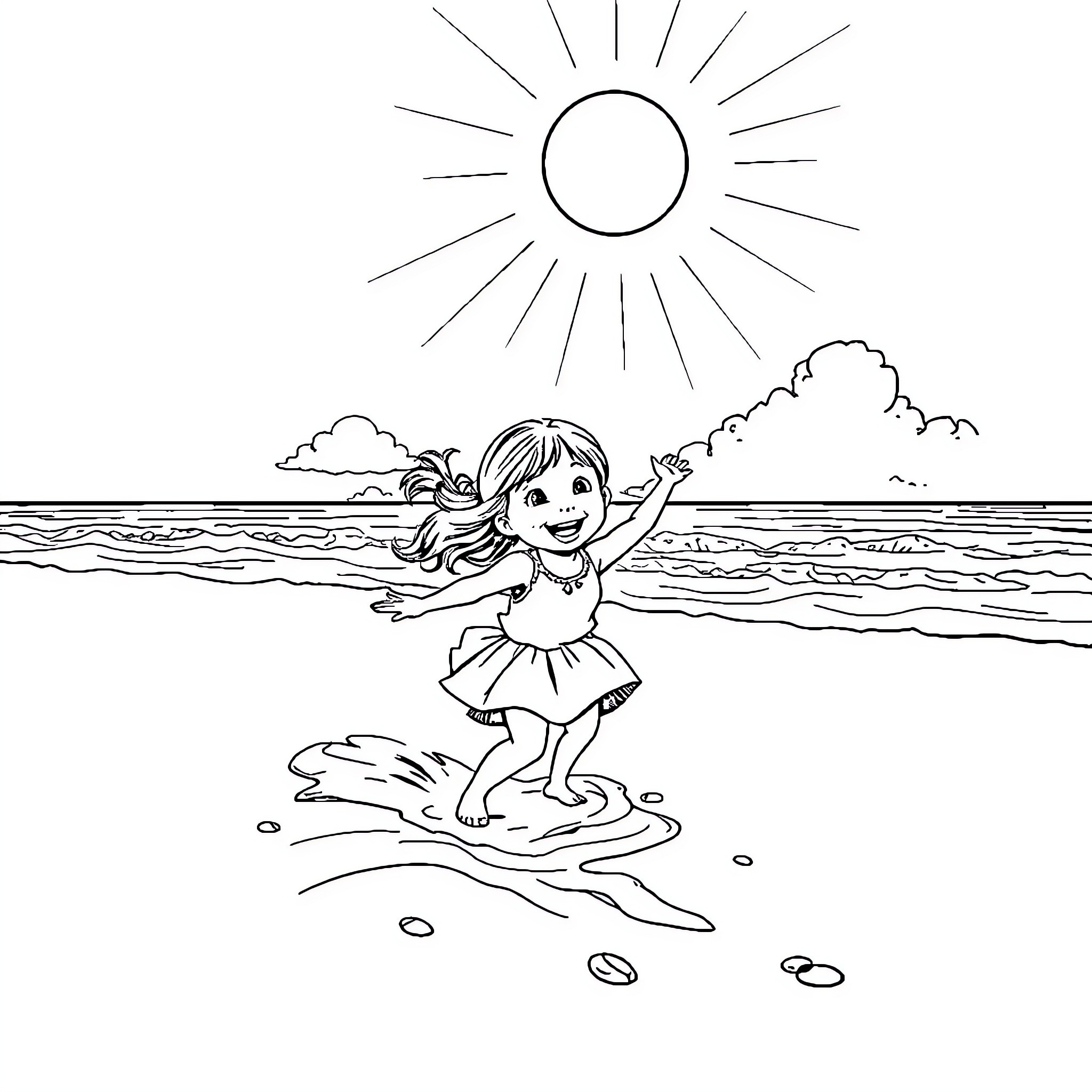 Girl playing joyfully at the beach Coloring Page (free black-and-white line drawing printable PDF for all, from beginners to advanced learners, including children, teens, adults, and seniors)