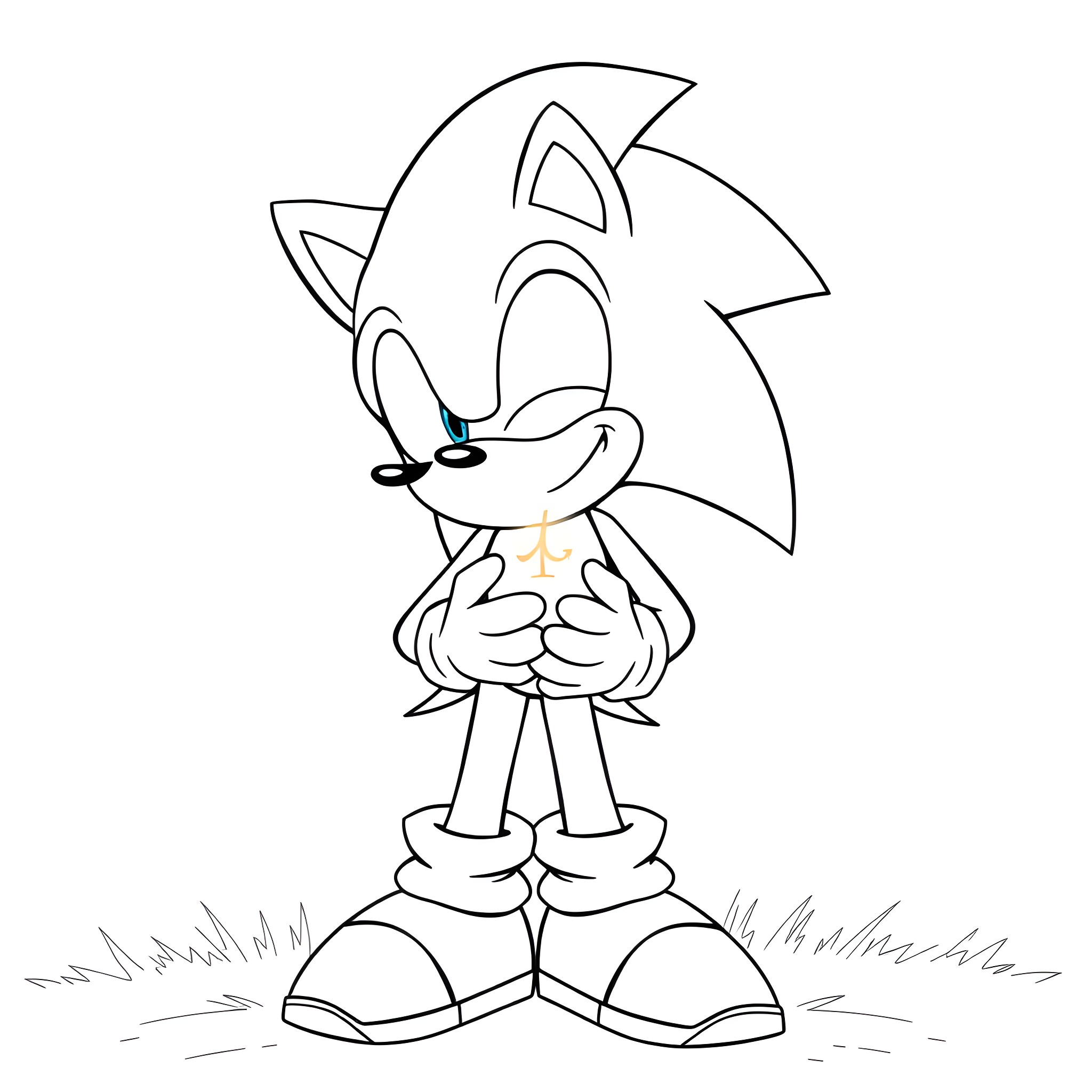 Sonic the Hedgehog posing in a playful stance Coloring Page (free black-and-white line drawing printable PDF for all, from beginners to advanced learners, including children, teens, adults, and seniors)