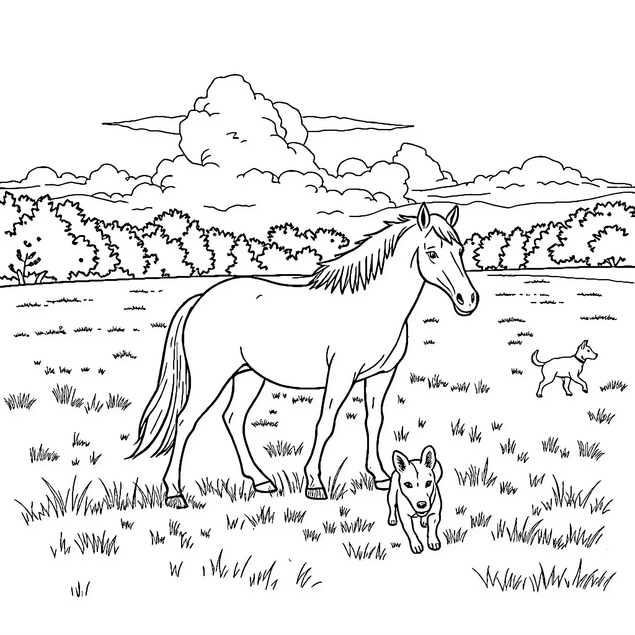 Horse and Foal in Peaceful Pasture Coloring Page (free black-and-white line drawing printable PDF for all, from beginners to advanced learners, including children, teens, adults, and seniors)
