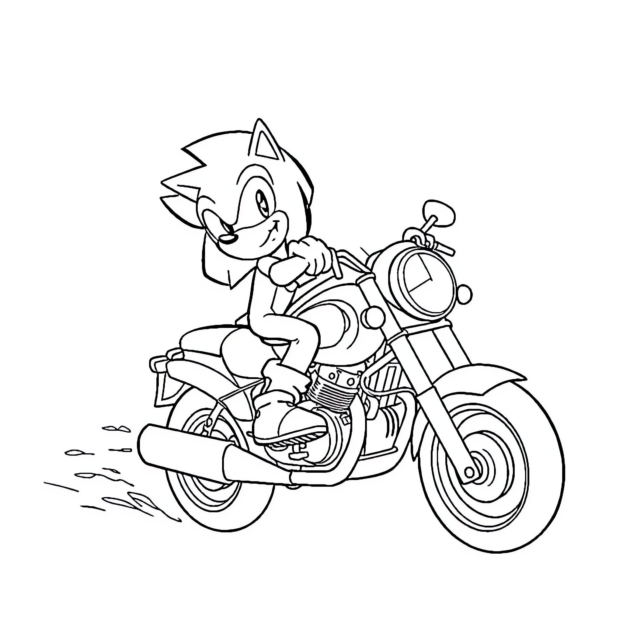Sonic riding a motorbike enthusiastically Coloring Page (free black-and-white line drawing printable PDF for all, from beginners to advanced learners, including children, teens, adults, and seniors)
