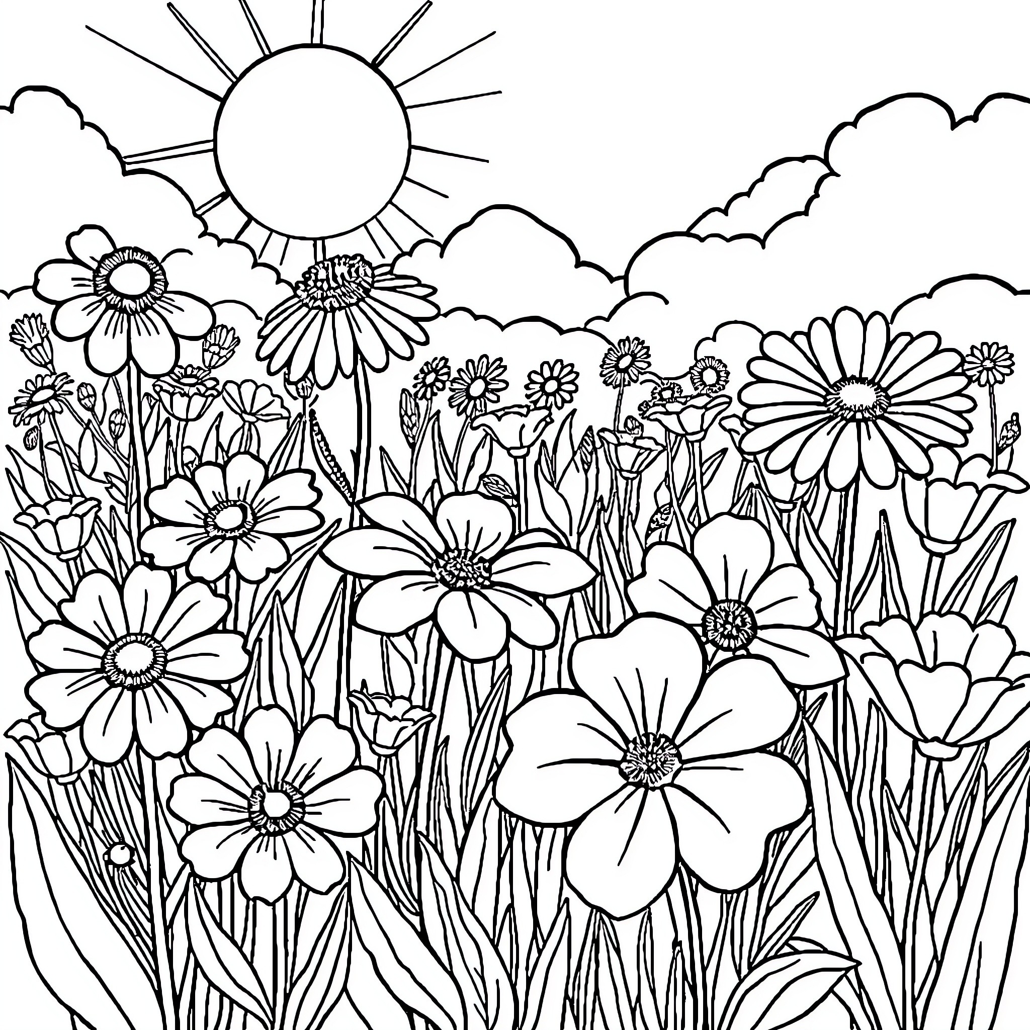 Flower Garden with Blooming Flowers Coloring Page (free black-and-white line drawing printable PDF for all, from beginners to advanced learners, including children, teens, adults, and seniors)