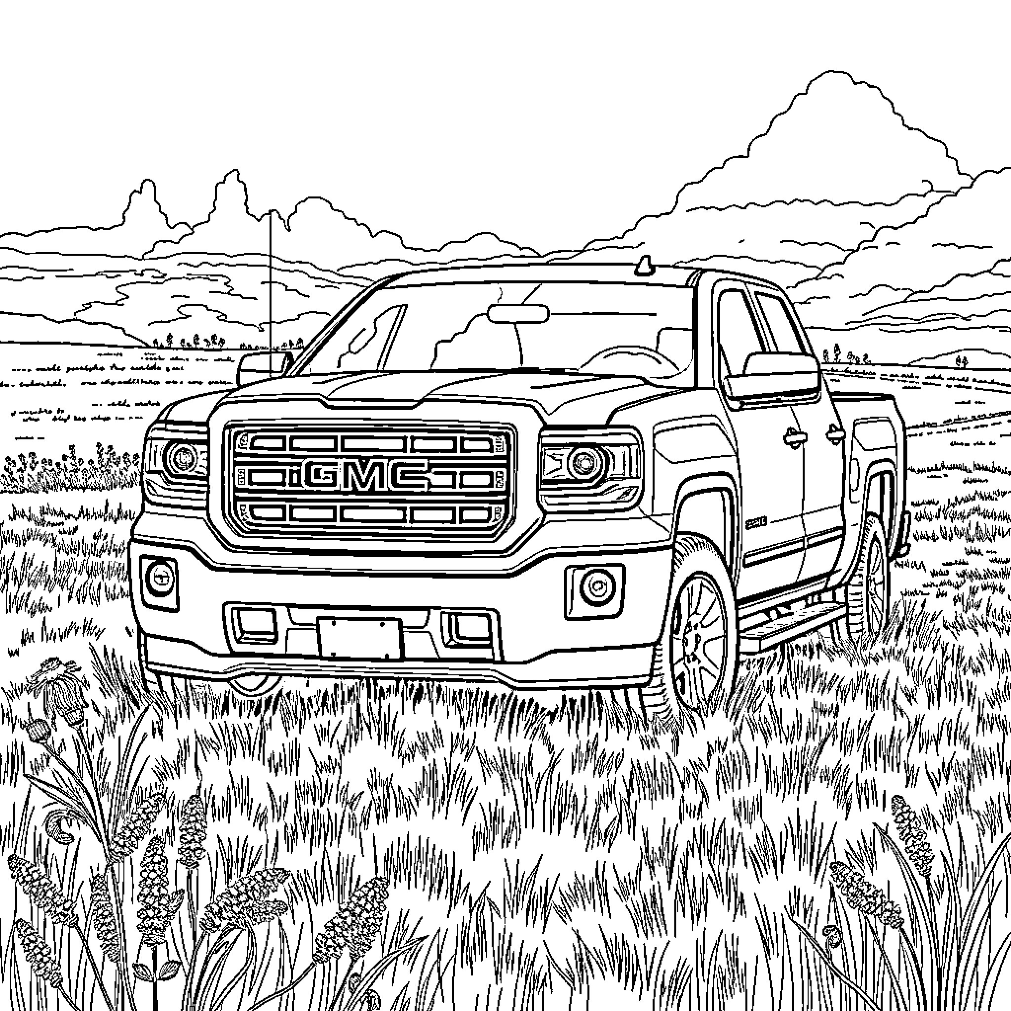 GMC Sierra pickup truck in rural landscape Coloring Page (free black-and-white line drawing printable PDF for all, from beginners to advanced learners, including children, teens, adults, and seniors)