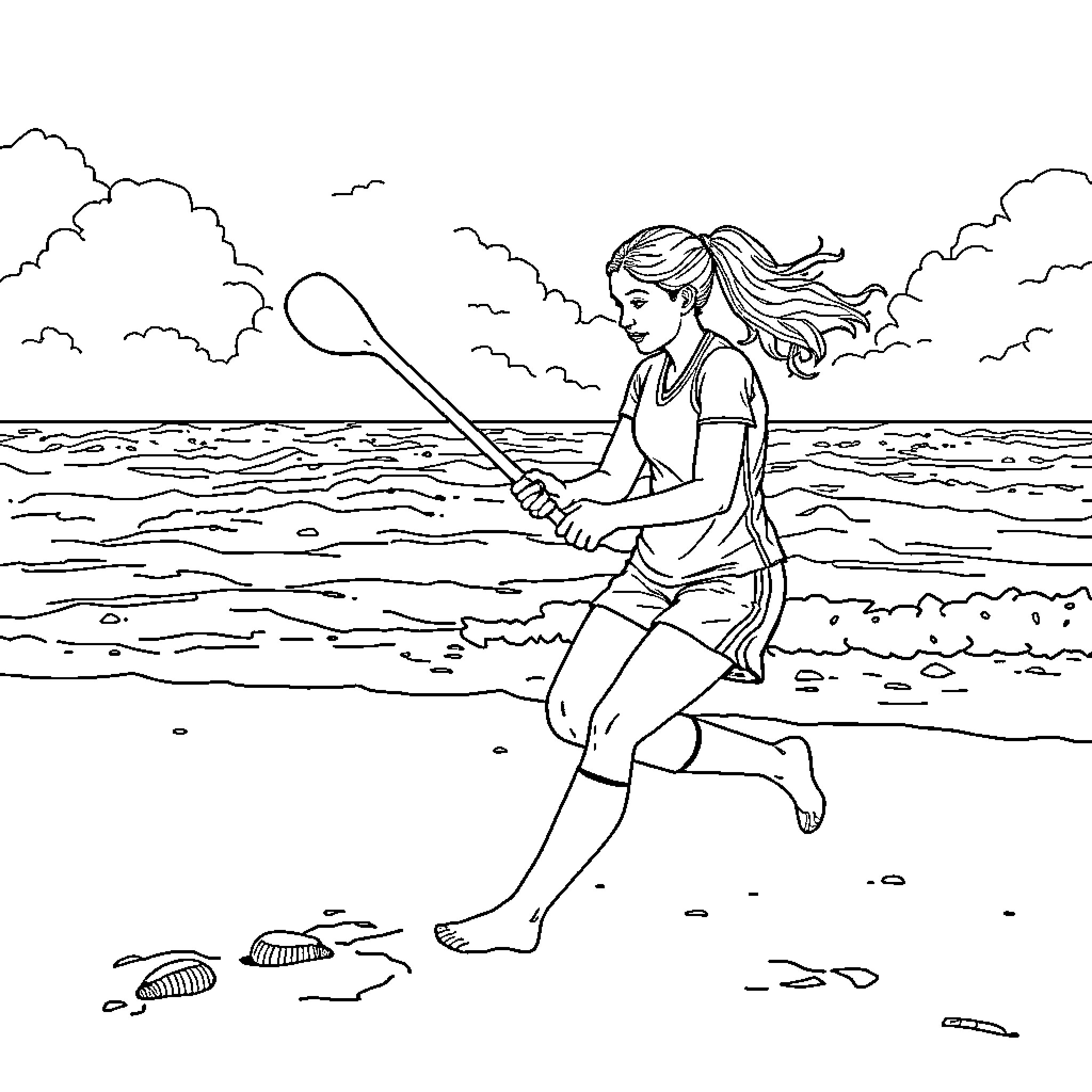 Camogie Player Running on Beach Coloring Page (free black-and-white line drawing printable PDF for all, from beginners to advanced learners, including children, teens, adults, and seniors)