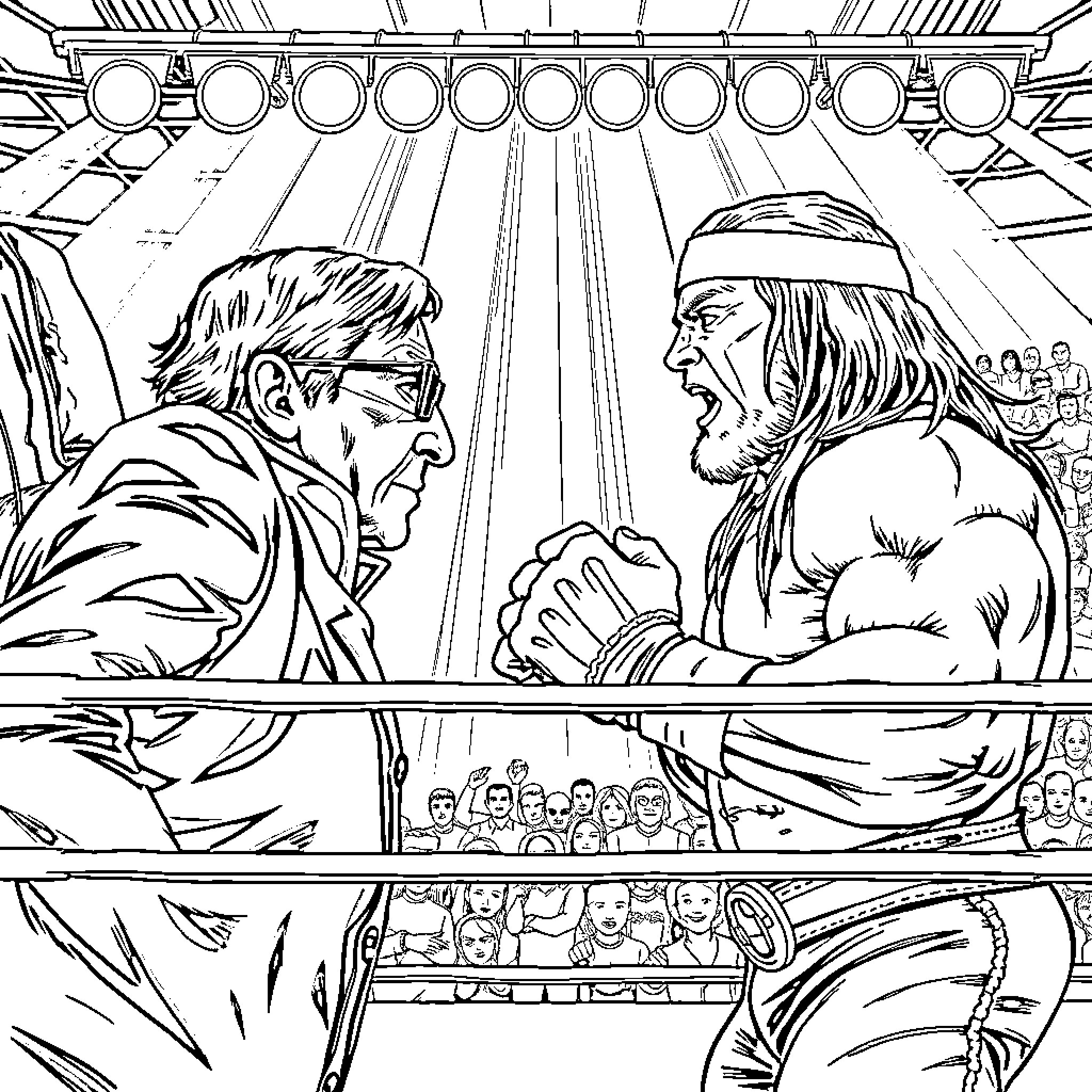 Stephen Hawking Debating with a Muscular Figure on Stage Coloring Page (free black-and-white line drawing printable PDF for all, from beginners to advanced learners, including children, teens, adults, and seniors)