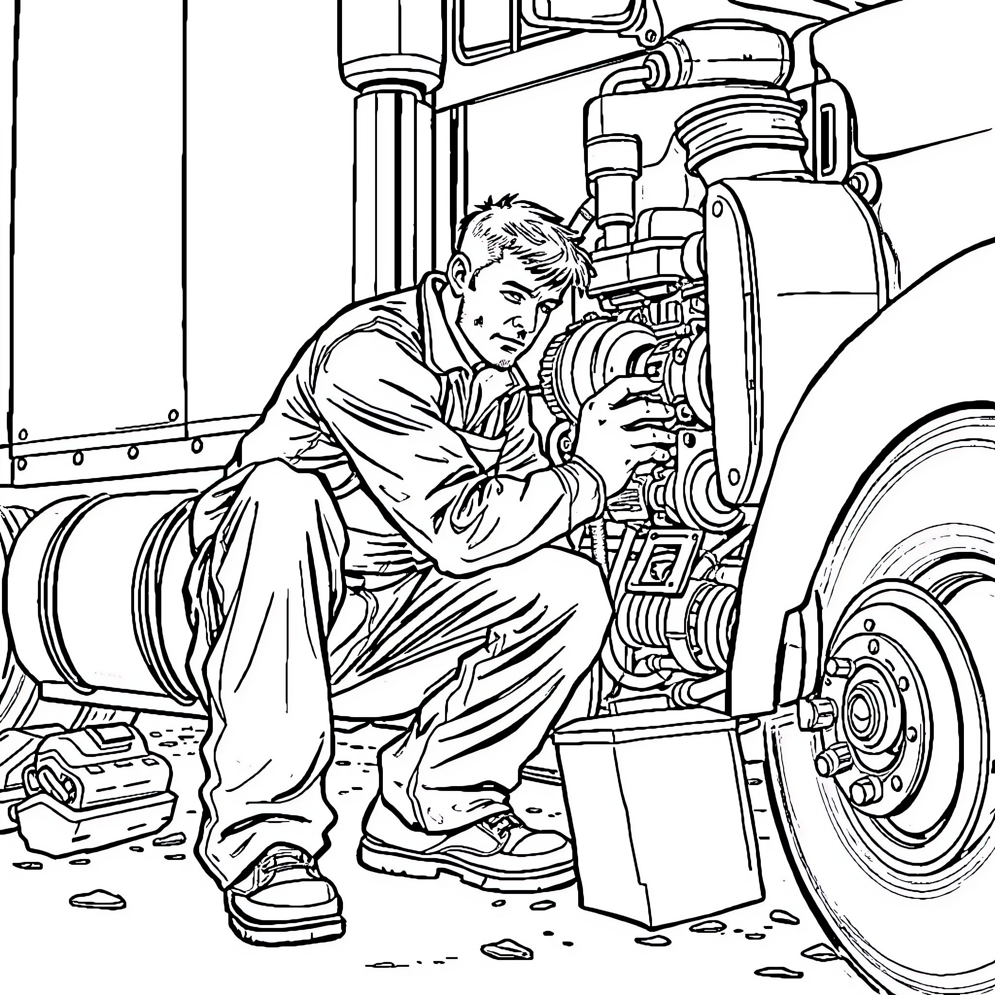 Truck mechanic repairing engine in workshop Coloring Page (free black-and-white line drawing printable PDF for all, from beginners to advanced learners, including children, teens, adults, and seniors)