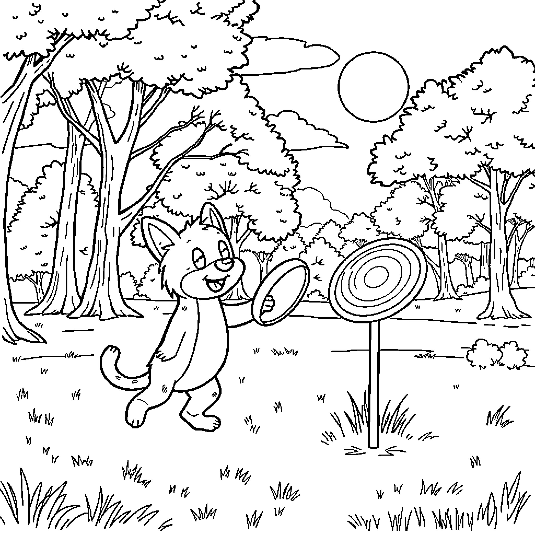 Bluey playing happily in the forest landscape Coloring Page (free black-and-white line drawing printable PDF for all, from beginners to advanced learners, including children, teens, adults, and seniors)