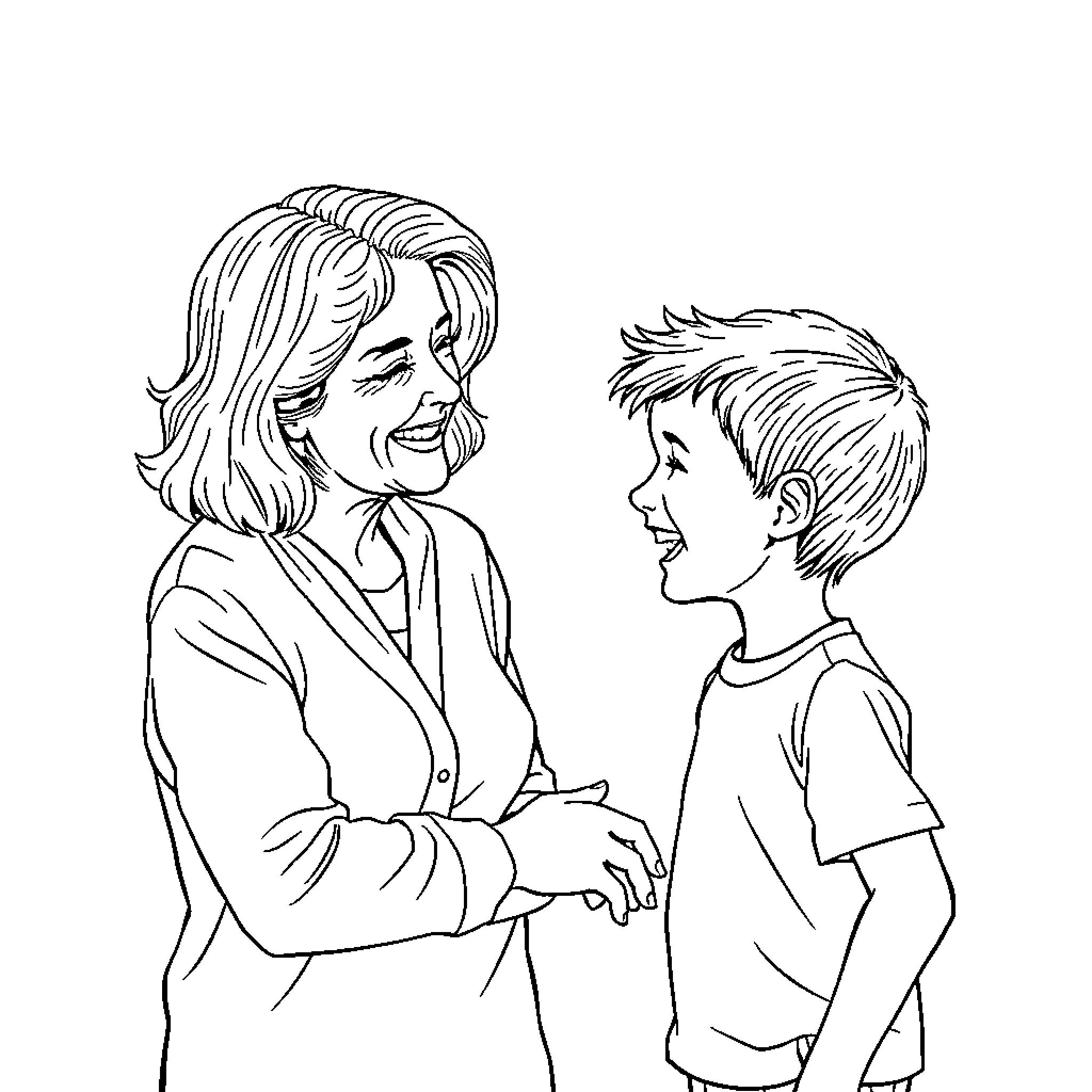 Woman warmly interacting with a young boy Coloring Page (free black-and-white line drawing printable PDF for all, from beginners to advanced learners, including children, teens, adults, and seniors)