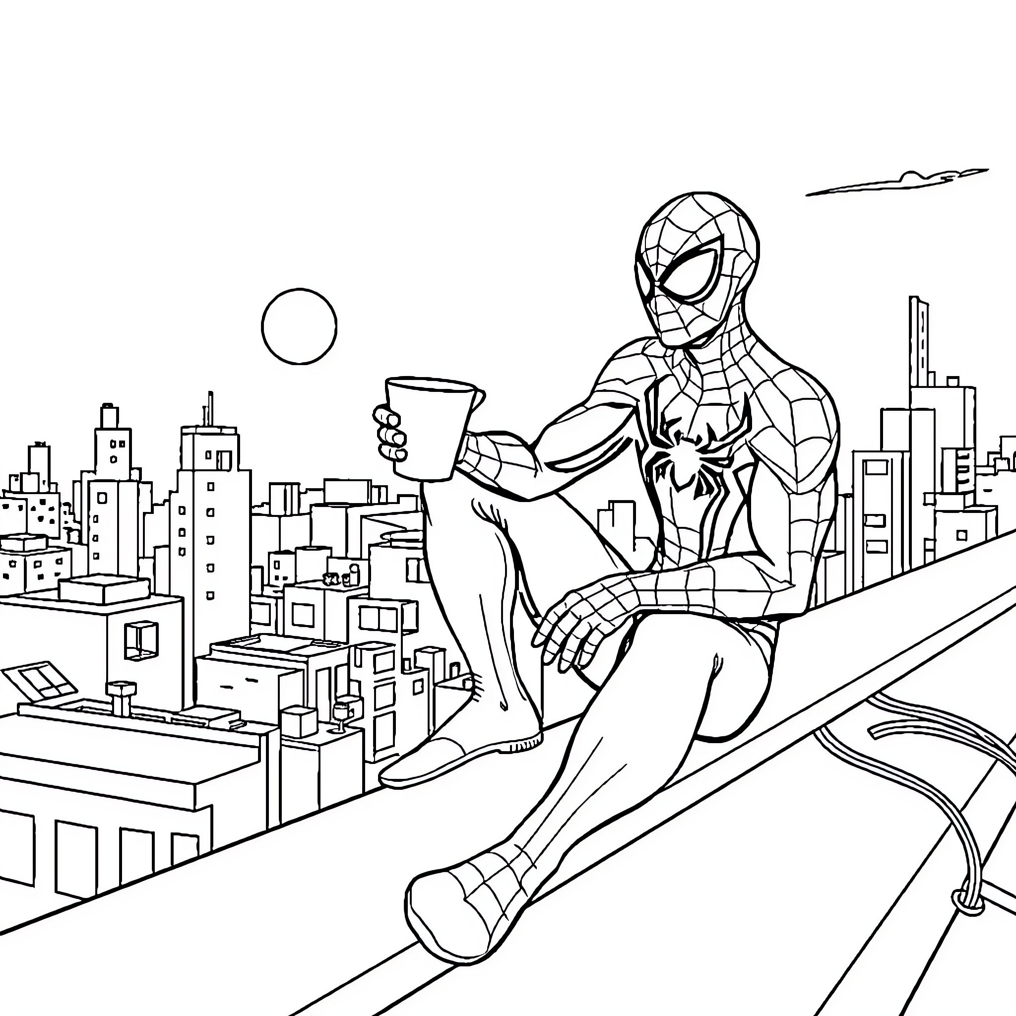 Spiderman swinging through the city skyline Coloring Page (free black-and-white line drawing printable PDF for all, from beginners to advanced learners, including children, teens, adults, and seniors)