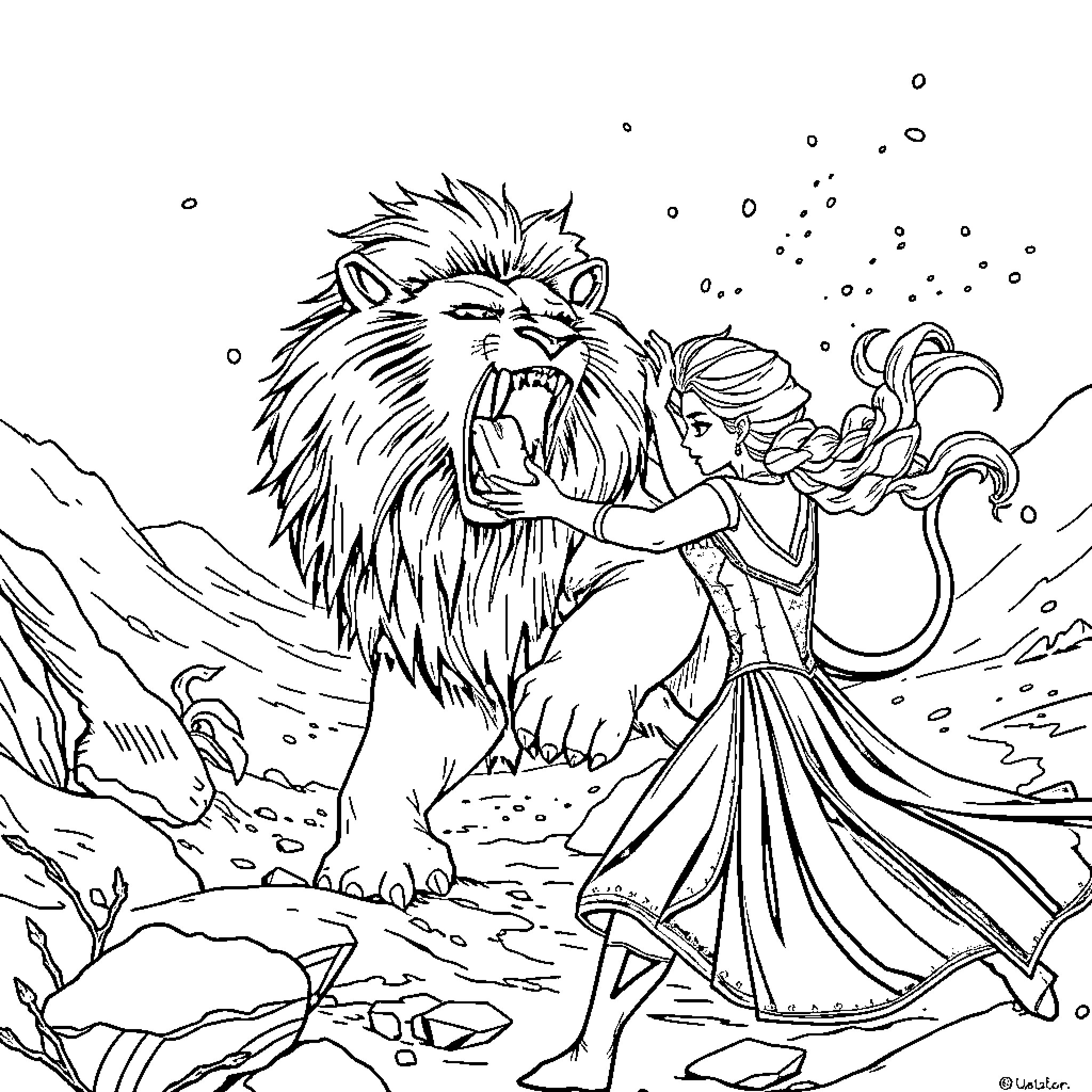 Elsa taming a fearsome lion in a snowy landscape Coloring Page (free black-and-white line drawing printable PDF for all, from beginners to advanced learners, including children, teens, adults, and seniors)