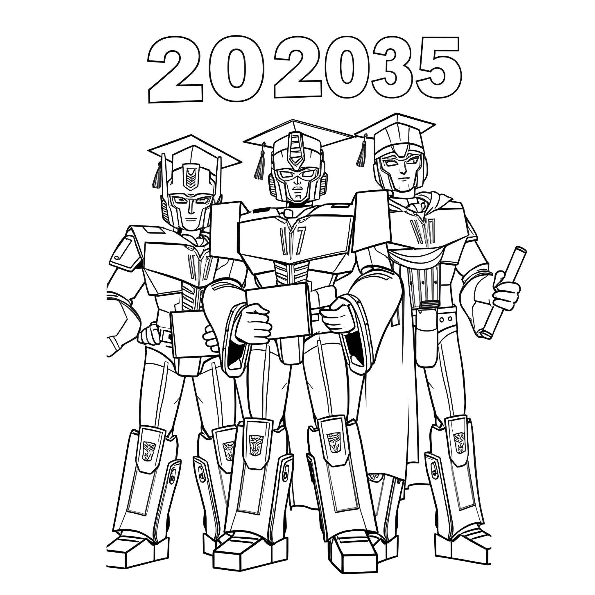 Transformers celebrating graduation in futuristic attire Coloring Page (free black-and-white line drawing printable PDF for all, from beginners to advanced learners, including children, teens, adults, and seniors)