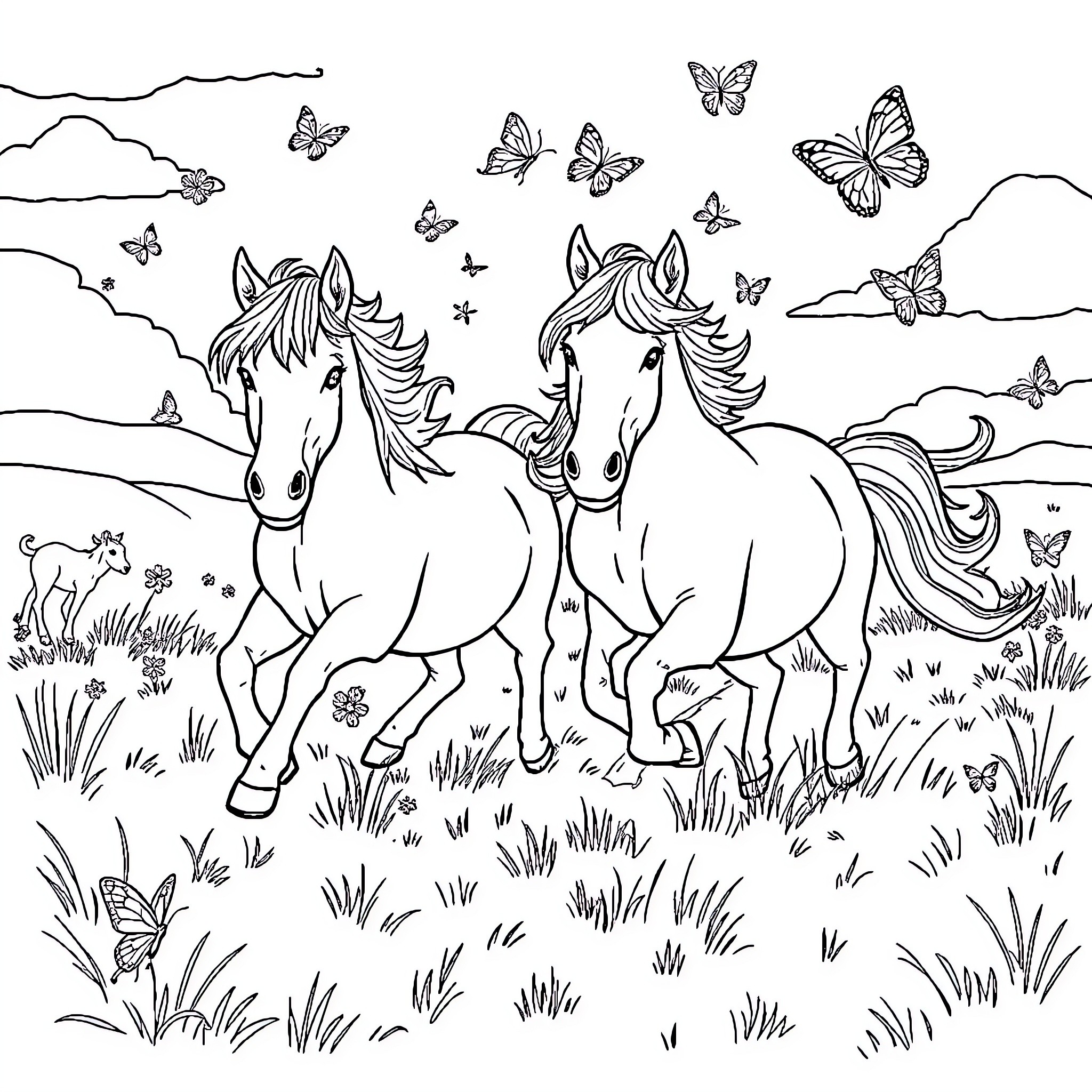 Shetland Ponies Running Freely with Butterflies Coloring Page (free black-and-white line drawing printable PDF for all, from beginners to advanced learners, including children, teens, adults, and seniors)