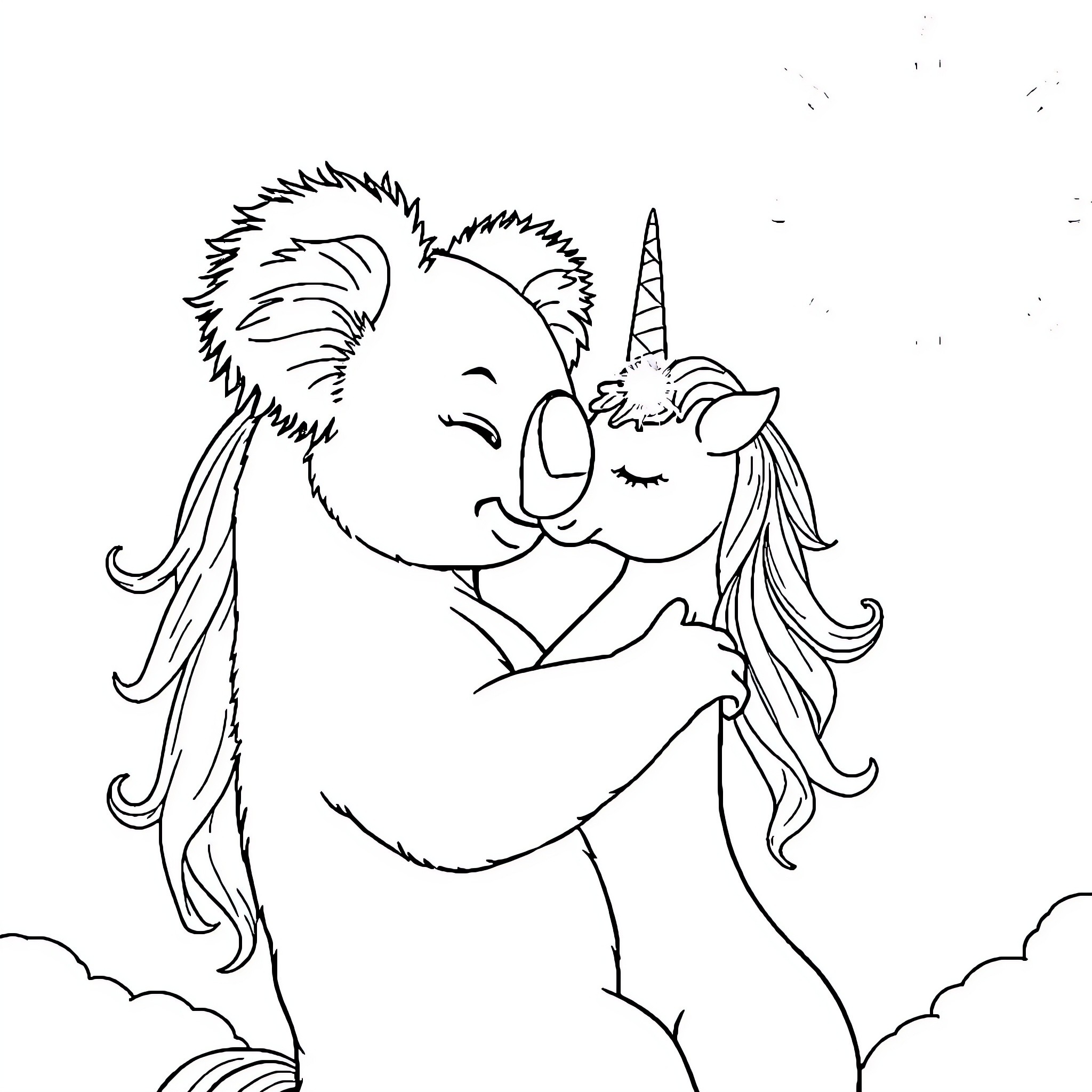 Koala and Unicorn Embracing Happily Coloring Page (free black-and-white line drawing printable PDF for all, from beginners to advanced learners, including children, teens, adults, and seniors)