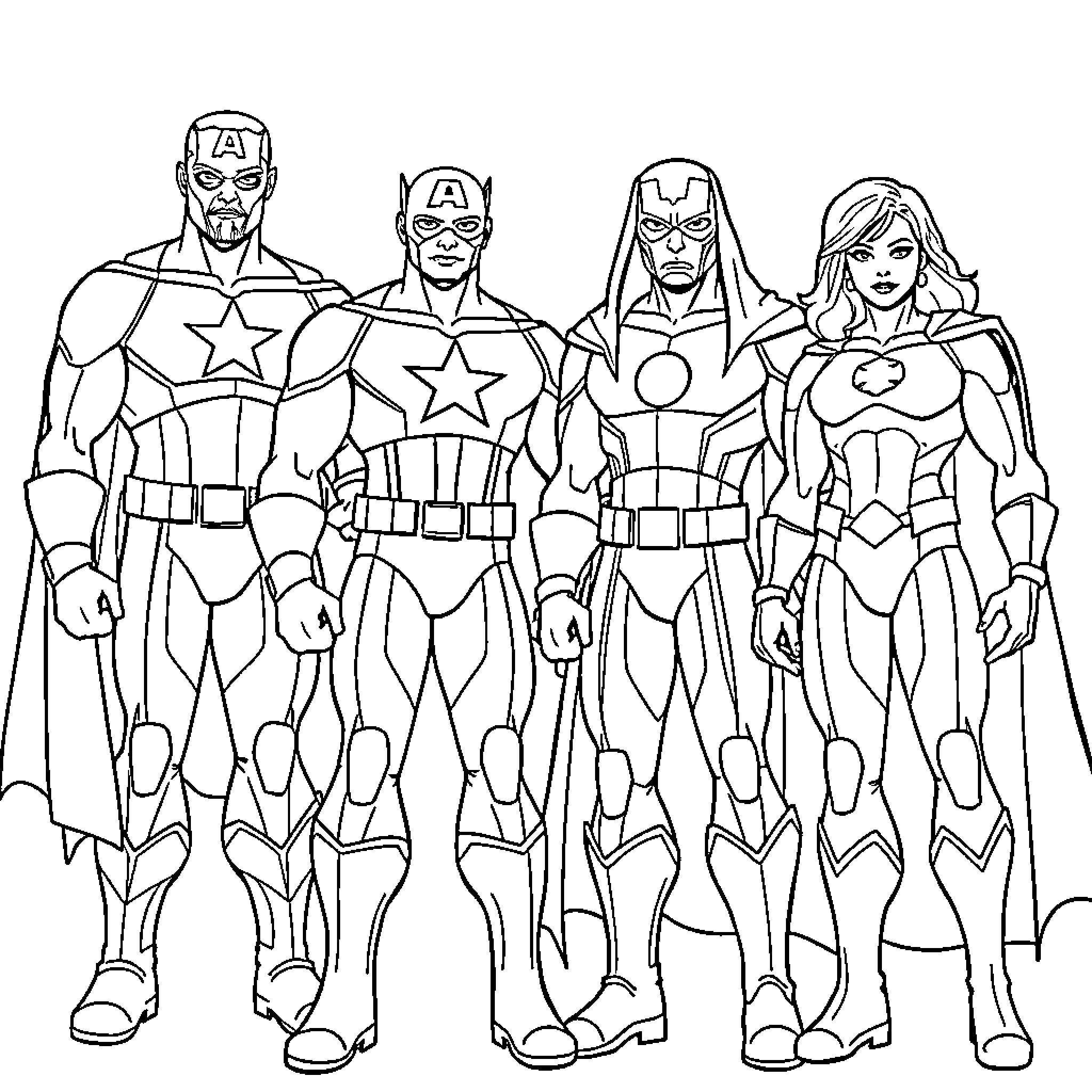 Avenger heroes assemble in striking poses Coloring Page (free black-and-white line drawing printable PDF for all, from beginners to advanced learners, including children, teens, adults, and seniors)