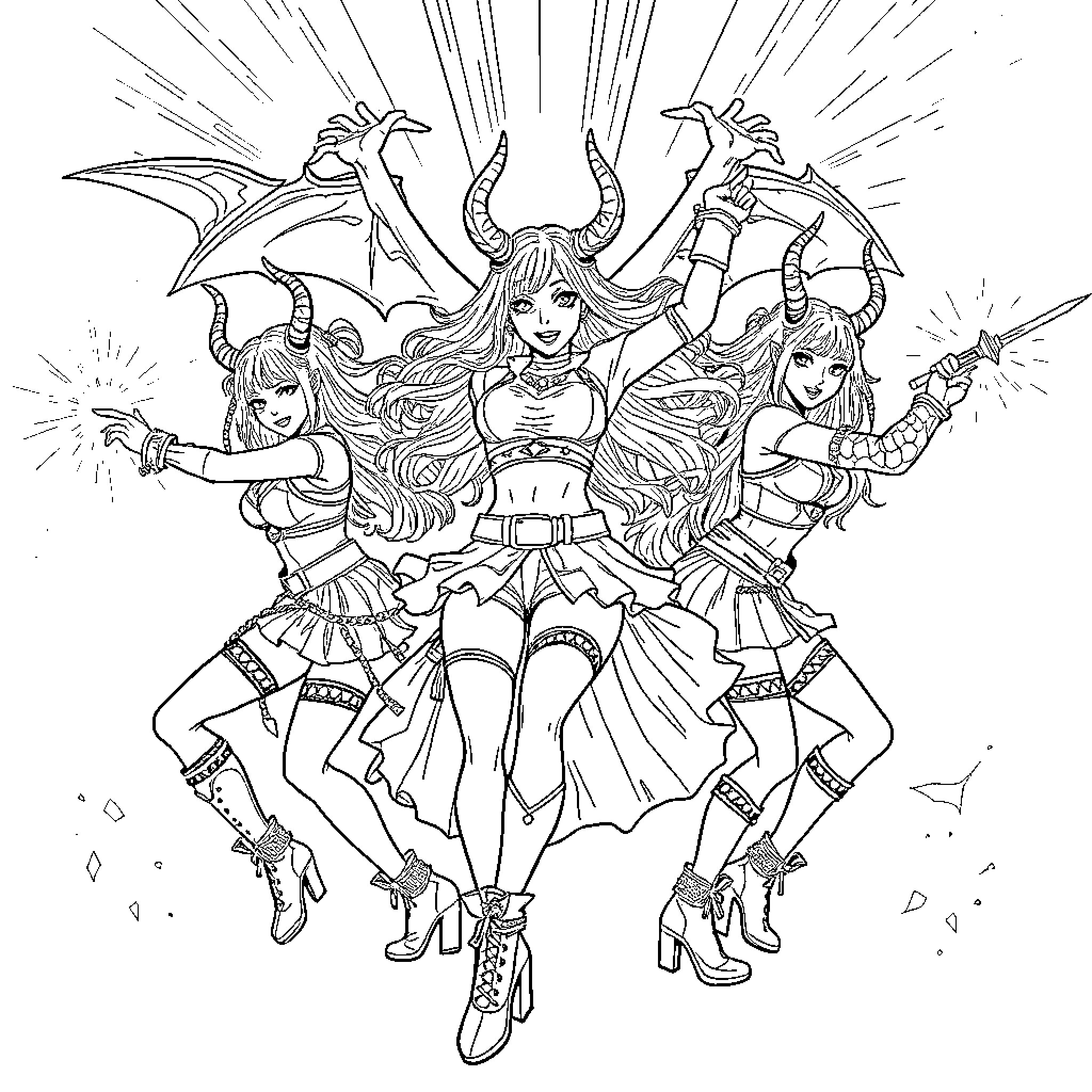 Kpop Demon Hunter: Empowered Heroines in Fierce Battle Coloring Page (free black-and-white line drawing printable PDF for all, from beginners to advanced learners, including children, teens, adults, and seniors)