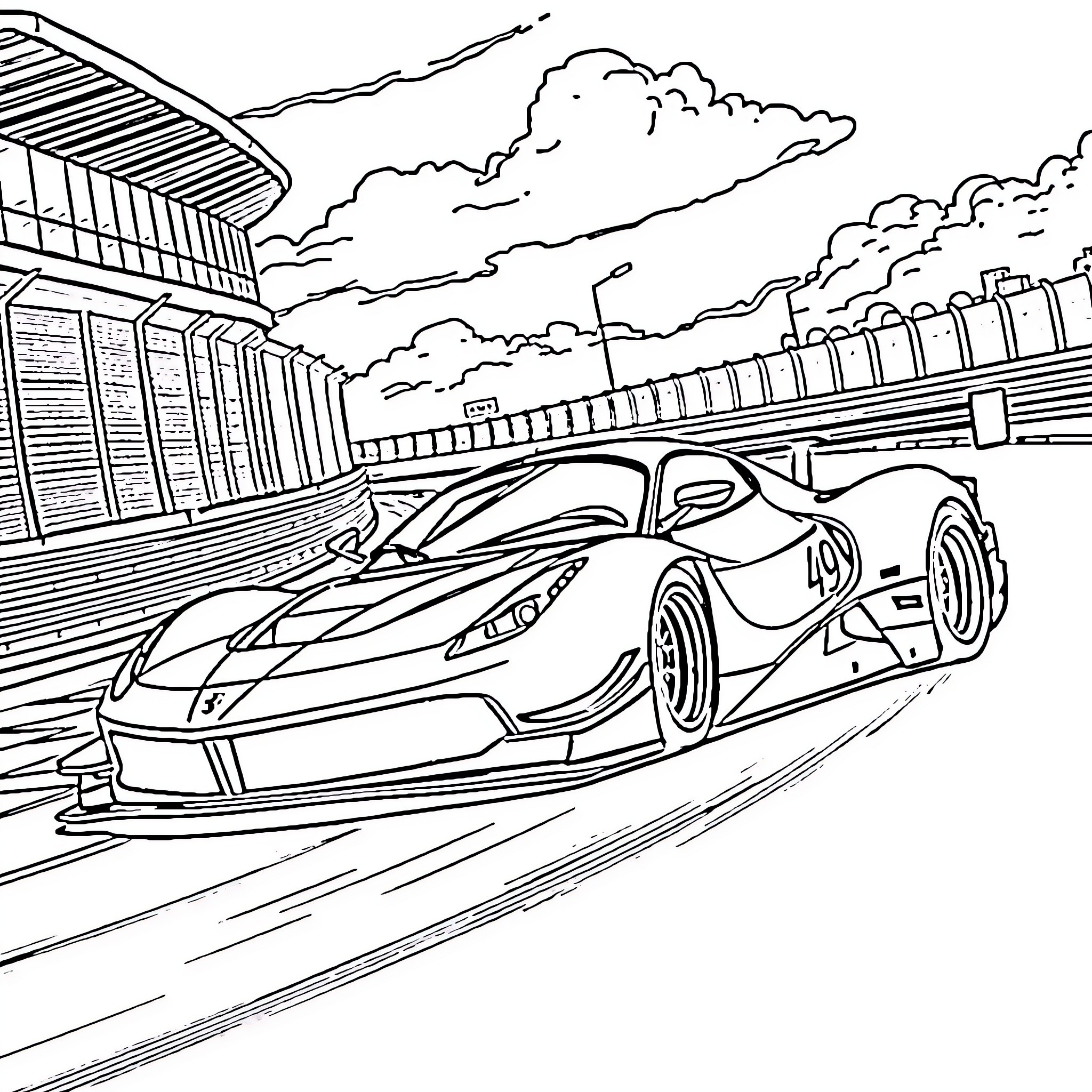 Ferrari speeding down the racetrack Coloring Page (free black-and-white line drawing printable PDF for all, from beginners to advanced learners, including children, teens, adults, and seniors)