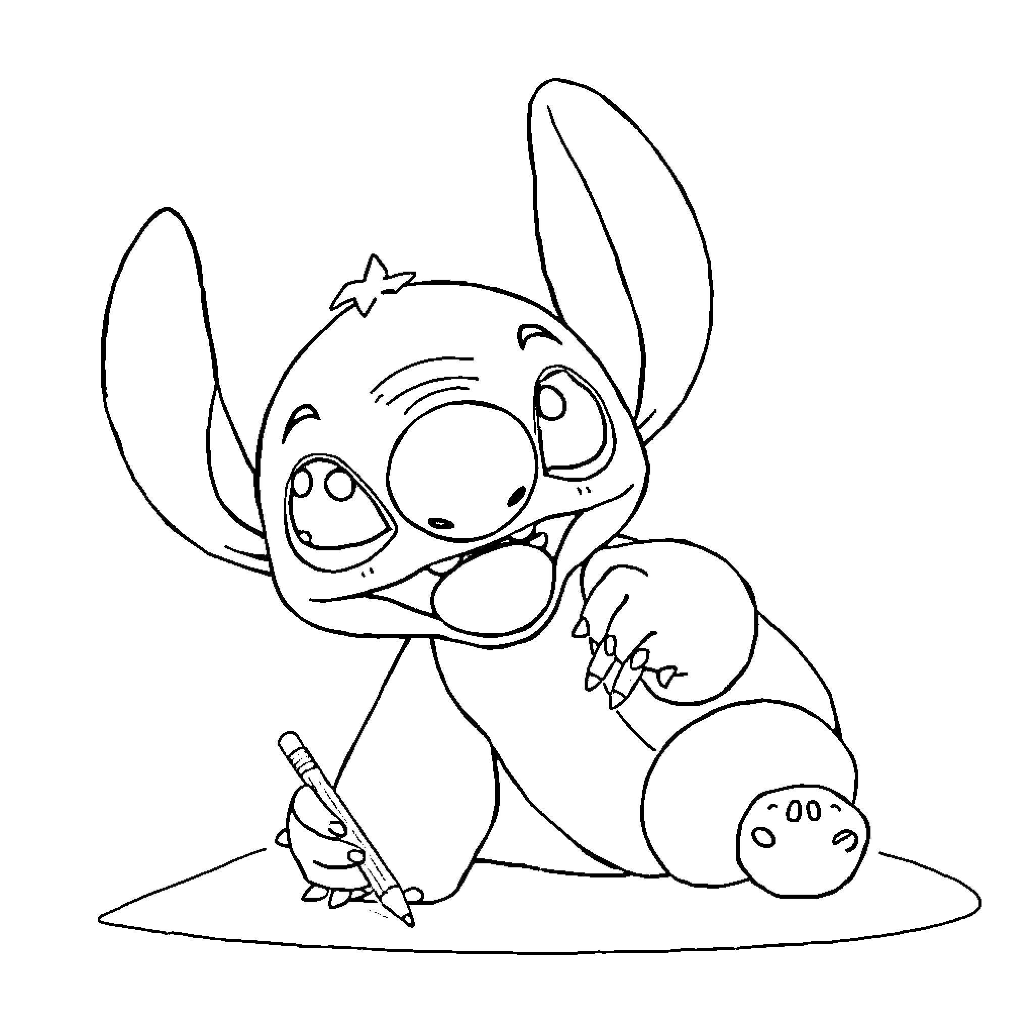 Stitch drawing with pencil on paper Coloring Page (free black-and-white line drawing printable PDF for all, from beginners to advanced learners, including children, teens, adults, and seniors)