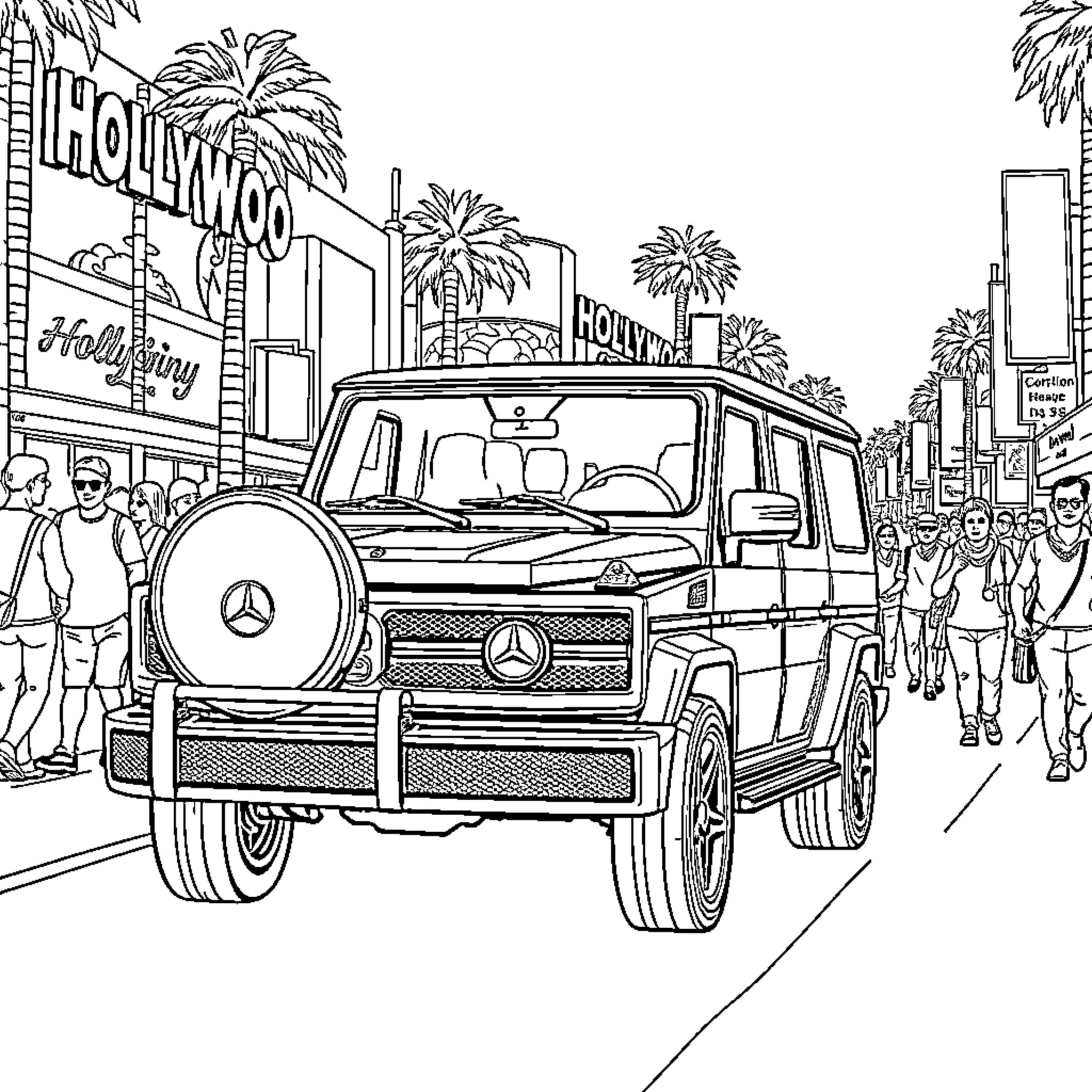 Mercedes-Benz SUV in bustling Hollywood scene Coloring Page (free black-and-white line drawing printable PDF for all, from beginners to advanced learners, including children, teens, adults, and seniors)