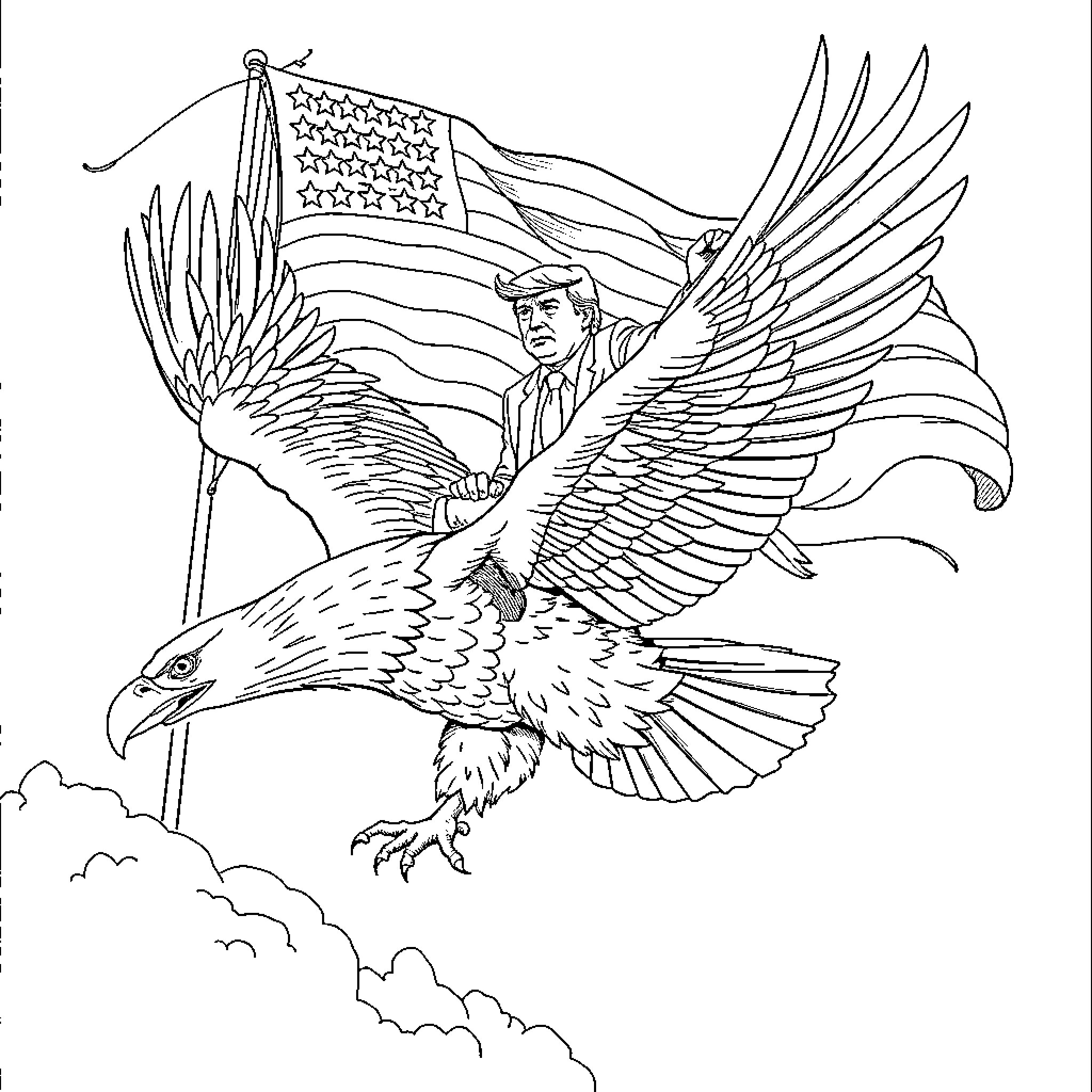 Donald Trump Soaring Above on Majestic Eagle Coloring Page (free black-and-white line drawing printable PDF for all, from beginners to advanced learners, including children, teens, adults, and seniors)