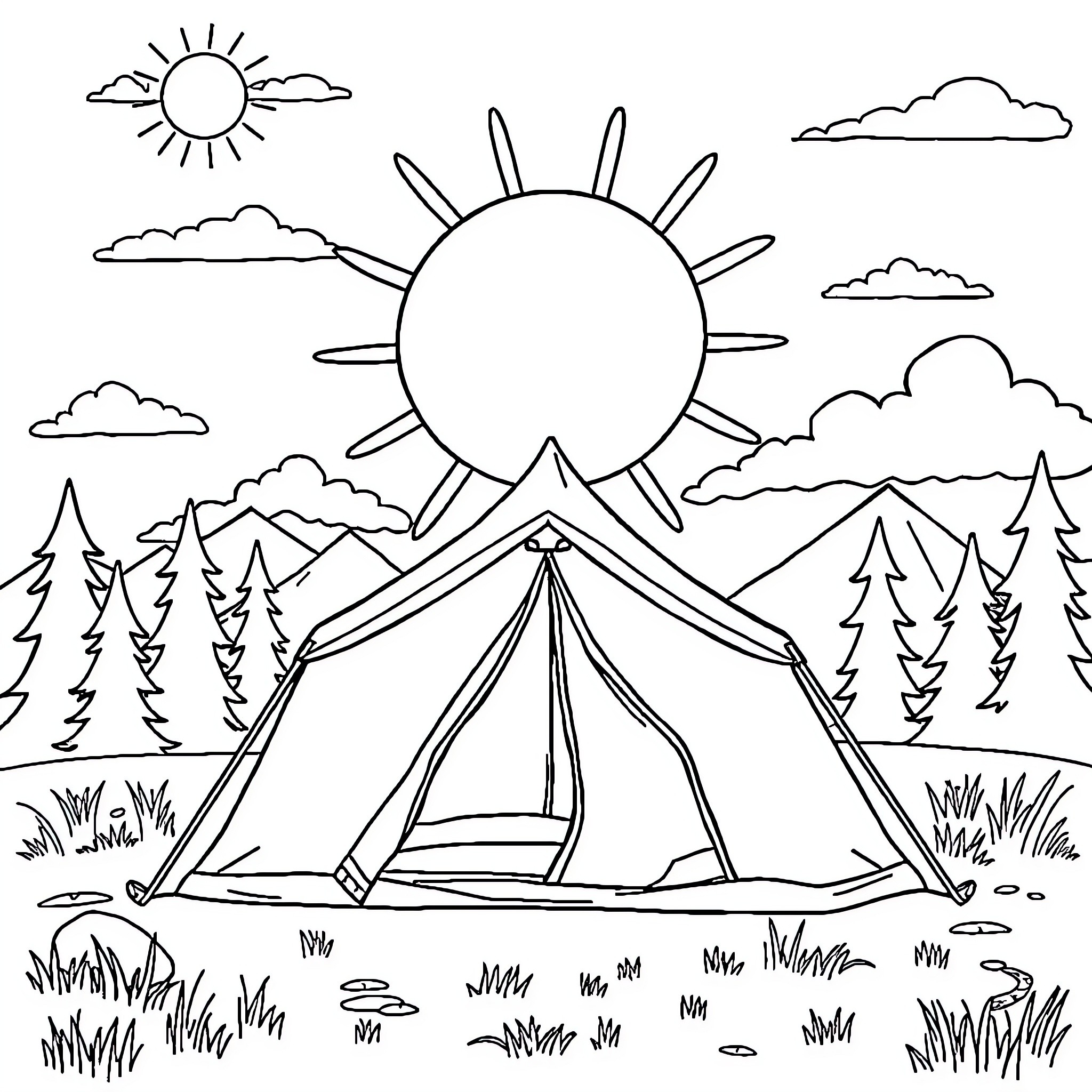 Tent in the wilderness with a bright sun Coloring Page (free black-and-white line drawing printable PDF for all, from beginners to advanced learners, including children, teens, adults, and seniors)
