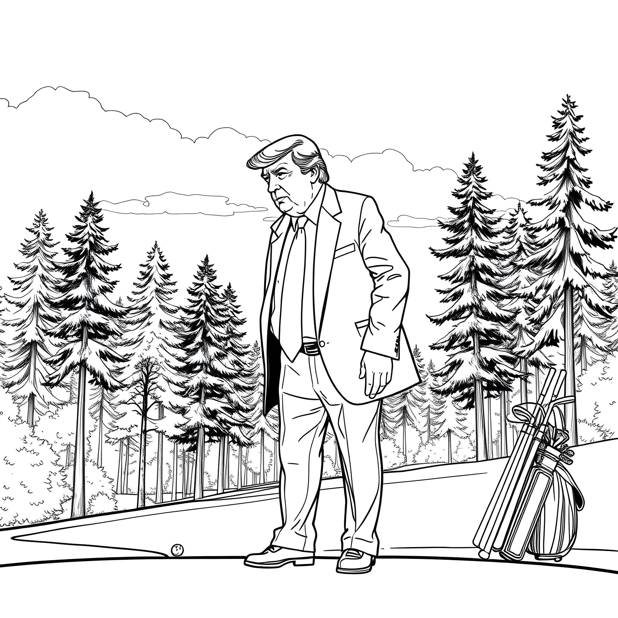 Donald Trump golfing in a winter wonderland Coloring Page (free black-and-white line drawing printable PDF for all, from beginners to advanced learners, including children, teens, adults, and seniors)