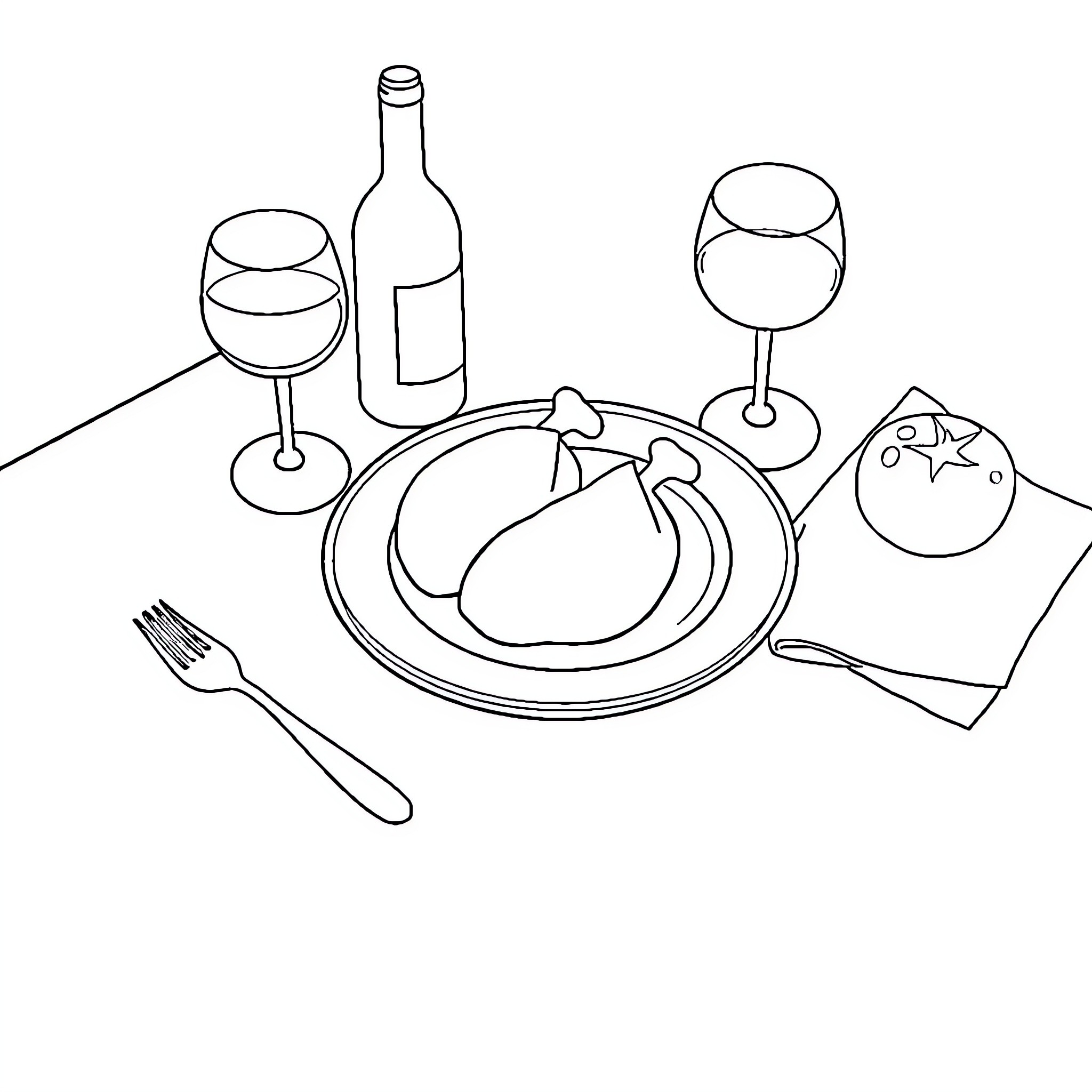 Still Life of Dining Table with Wine and Food Coloring Page (free black-and-white line drawing printable PDF for all, from beginners to advanced learners, including children, teens, adults, and seniors)