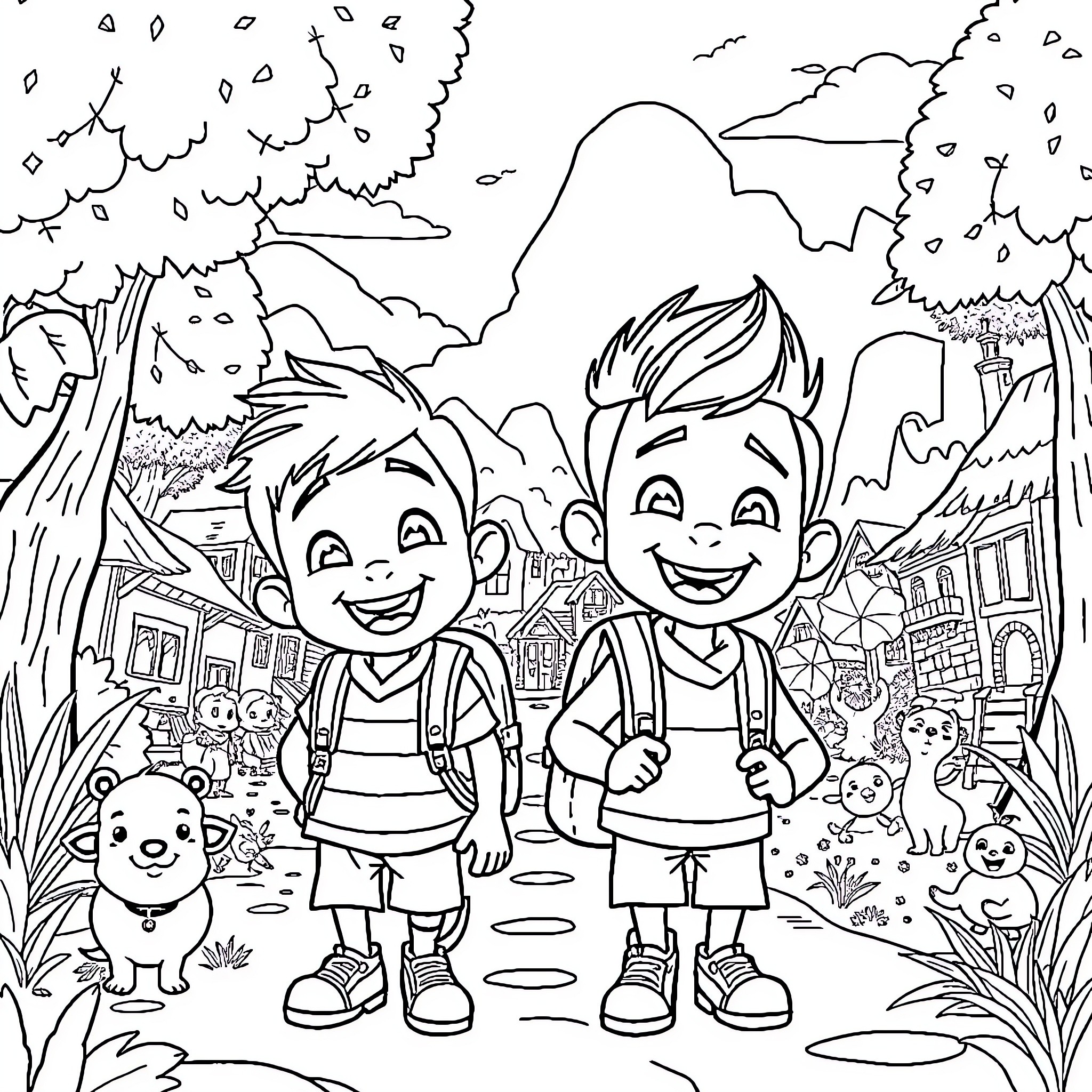 Upin Ipin's Adventure in the Enchanted Forest Coloring Page (free black-and-white line drawing printable PDF for all, from beginners to advanced learners, including children, teens, adults, and seniors)