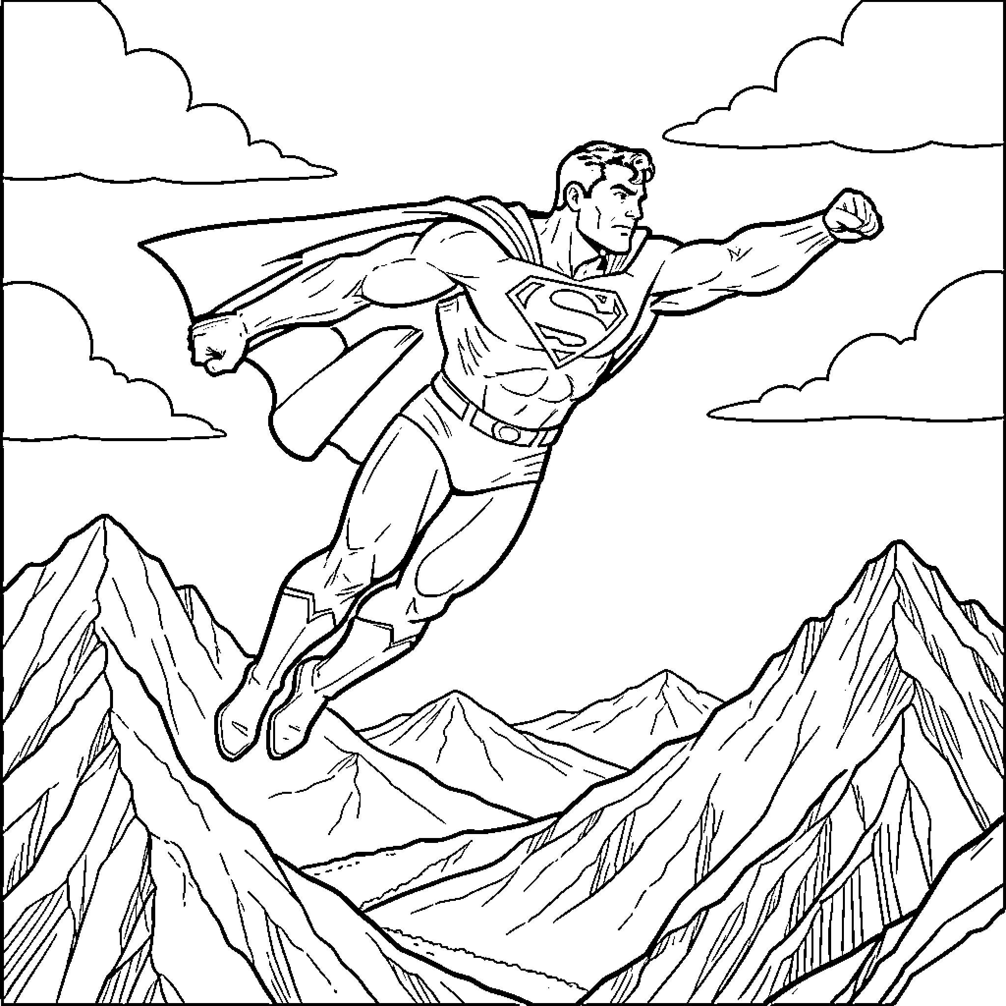 Superman flying heroically above a mountain range Coloring Page (free black-and-white line drawing printable PDF for all, from beginners to advanced learners, including children, teens, adults, and seniors)