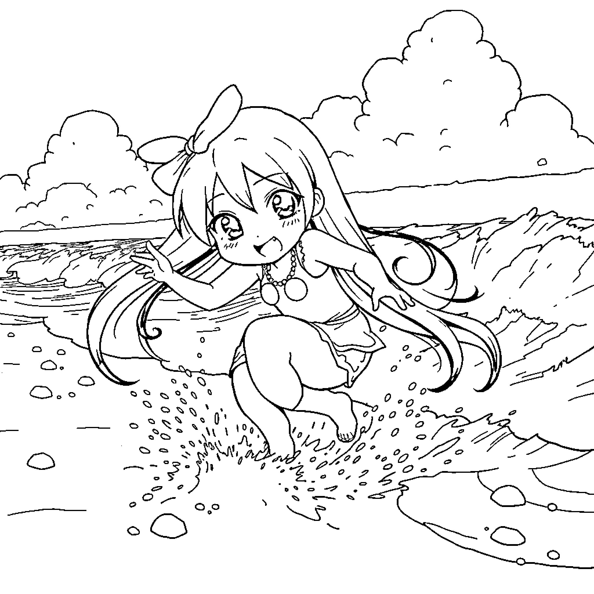Kuromi frolicking by the seashore Coloring Page (free black-and-white line drawing printable PDF for all, from beginners to advanced learners, including children, teens, adults, and seniors)