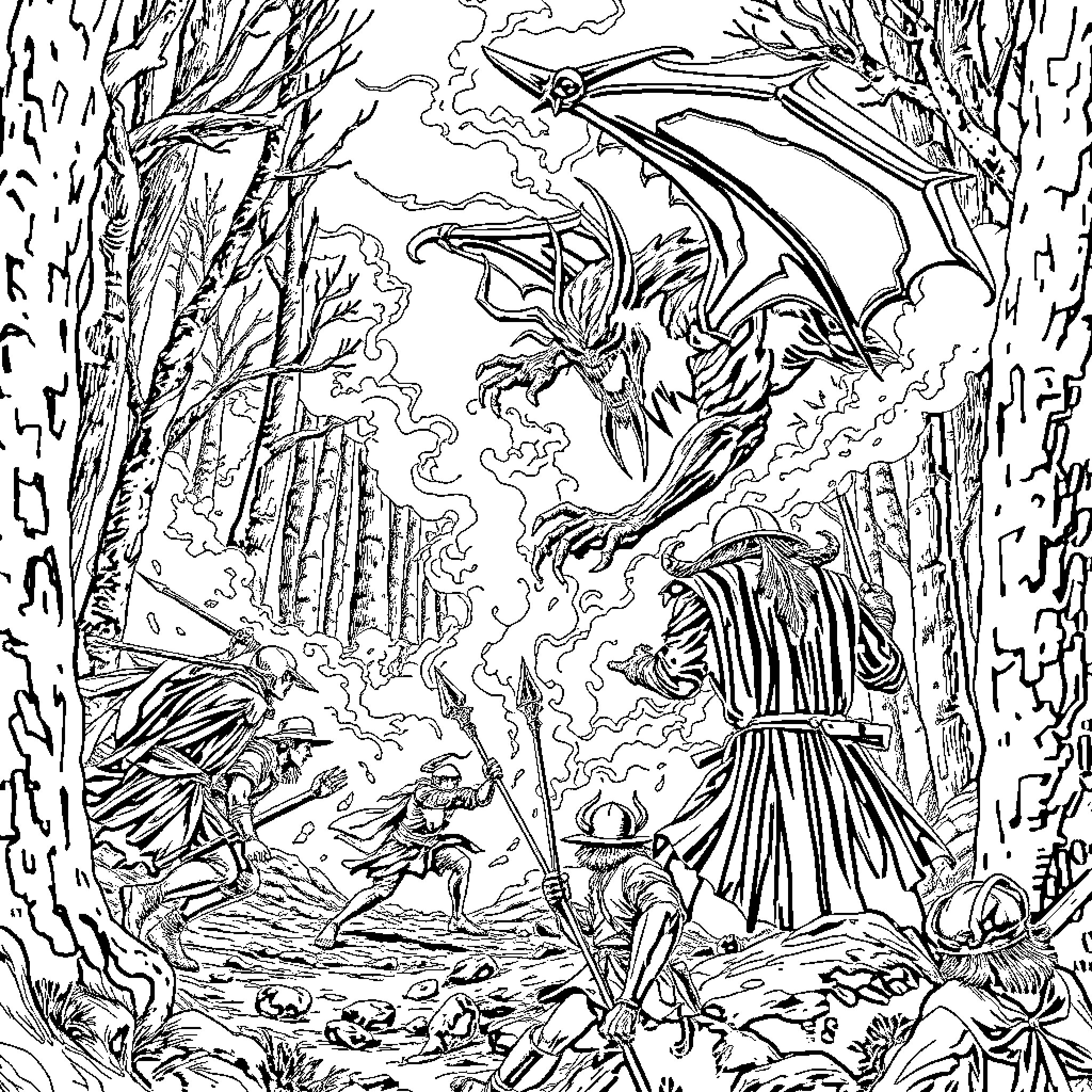 Demon Creatures Unleashing Chaos in Mystical Forest Coloring Page (free black-and-white line drawing printable PDF for all, from beginners to advanced learners, including children, teens, adults, and seniors)