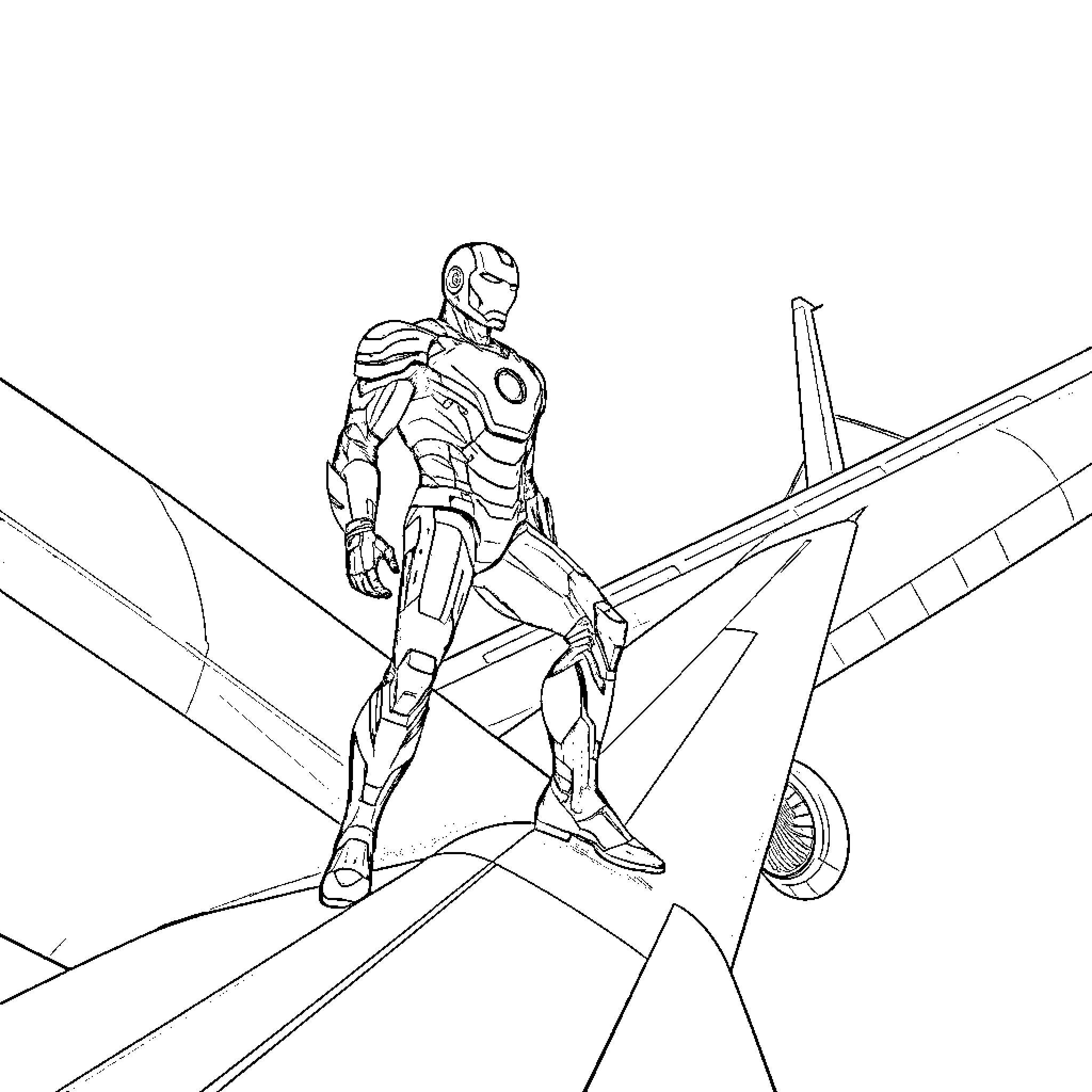 Ironman preparing for flight in the sky Coloring Page (free black-and-white line drawing printable PDF for all, from beginners to advanced learners, including children, teens, adults, and seniors)