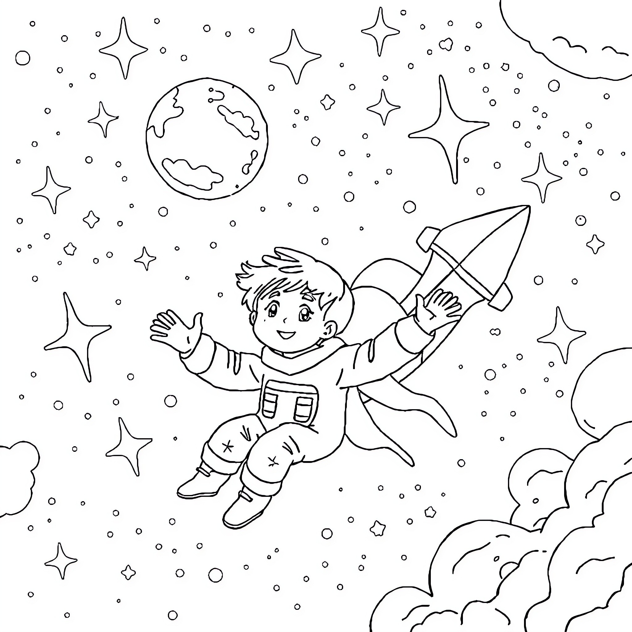 Enfant astronaute explorant l'espace cosmique Coloring Page (free black-and-white line drawing printable PDF for all, from beginners to advanced learners, including children, teens, adults, and seniors)