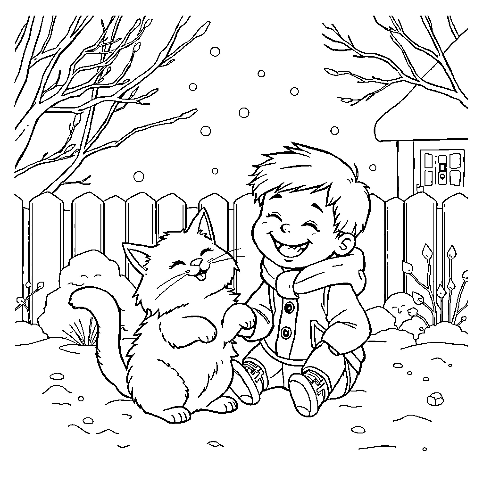 Boy playing joyfully with a fluffy cat in the winter Coloring Page (free black-and-white line drawing printable PDF for all, from beginners to advanced learners, including children, teens, adults, and seniors)
