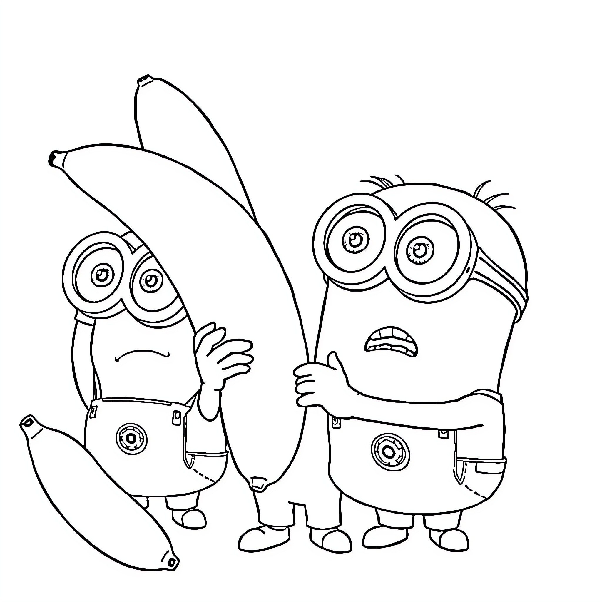 Minions holding banana and looking puzzled Coloring Page (free black-and-white line drawing printable PDF for all, from beginners to advanced learners, including children, teens, adults, and seniors)