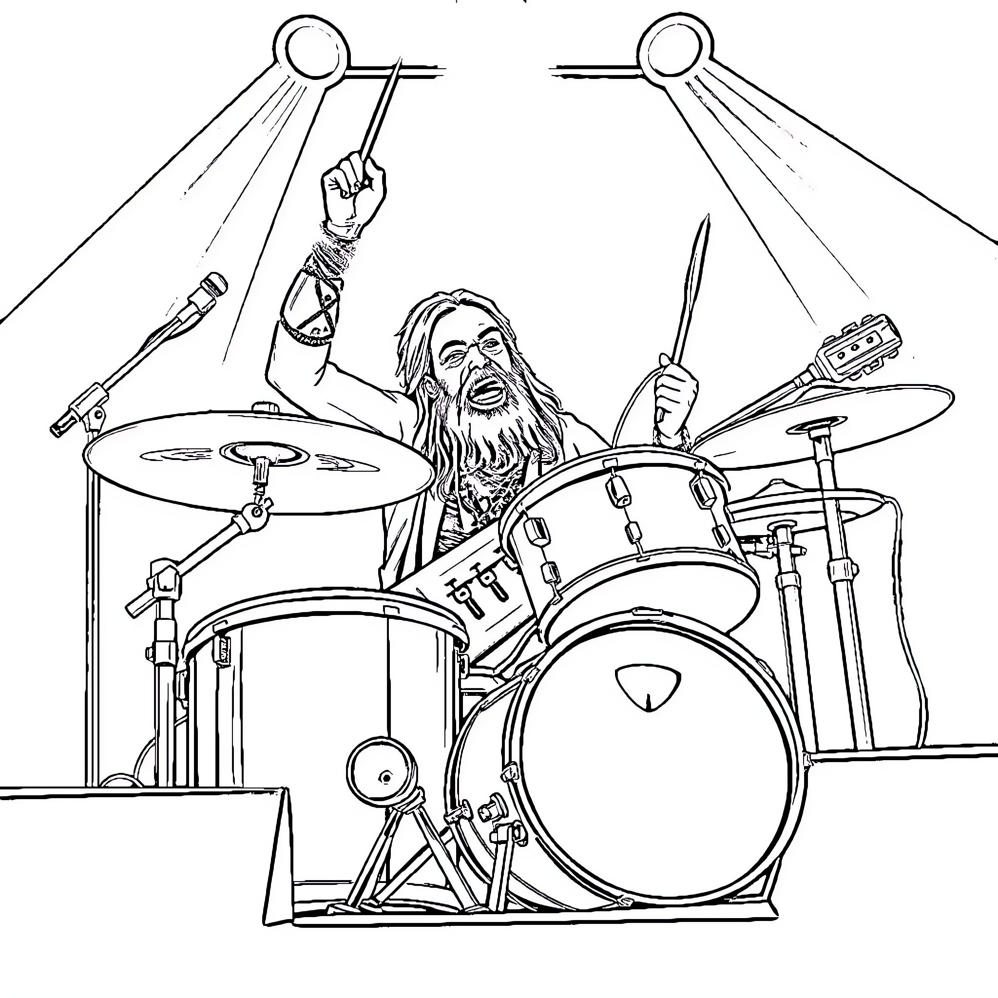 Zakk Wylde performing energetically on stage with drums Coloring Page (free black-and-white line drawing printable PDF for all, from beginners to advanced learners, including children, teens, adults, and seniors)
