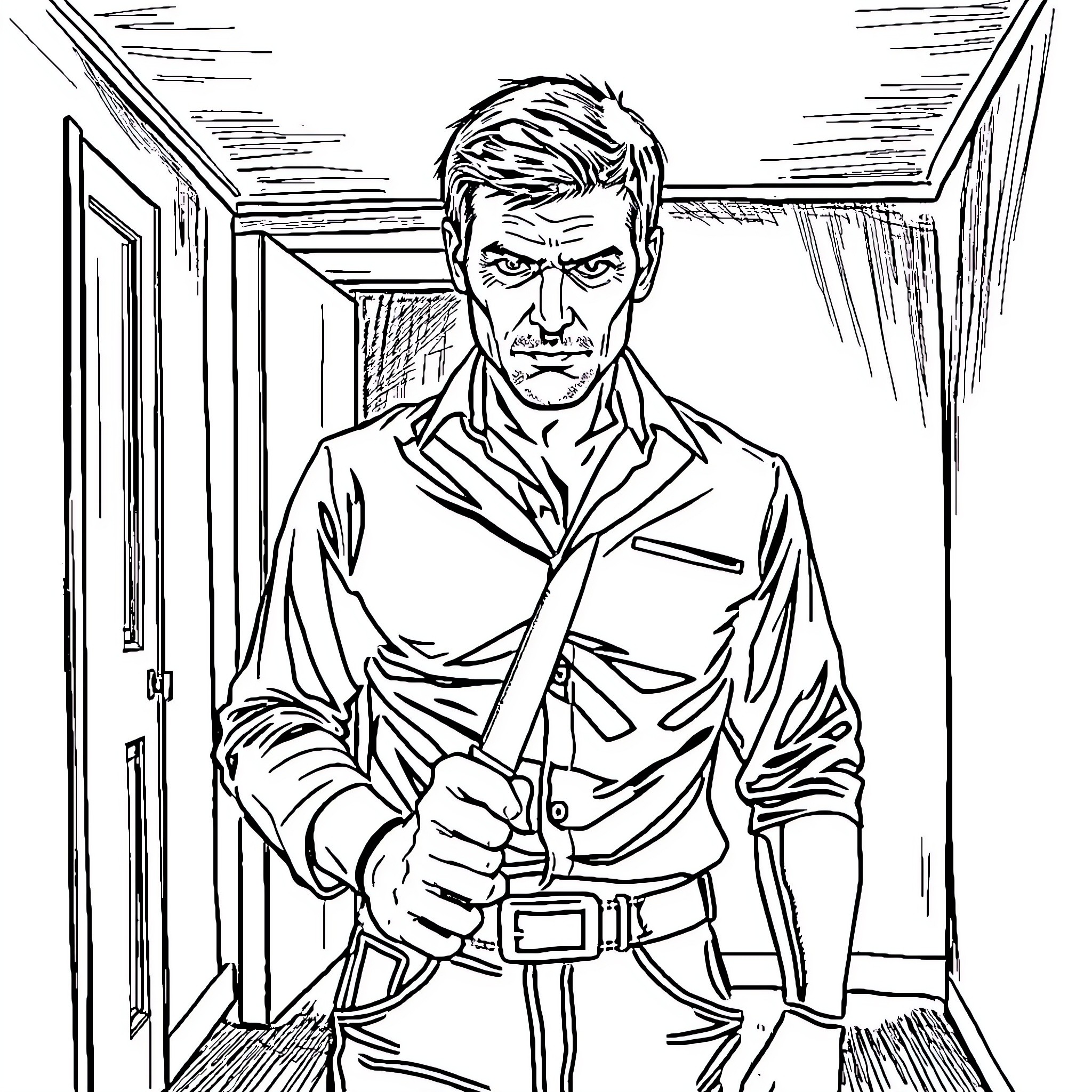 Dexter Morgan in a serious and determined pose Coloring Page (free black-and-white line drawing printable PDF for all, from beginners to advanced learners, including children, teens, adults, and seniors)