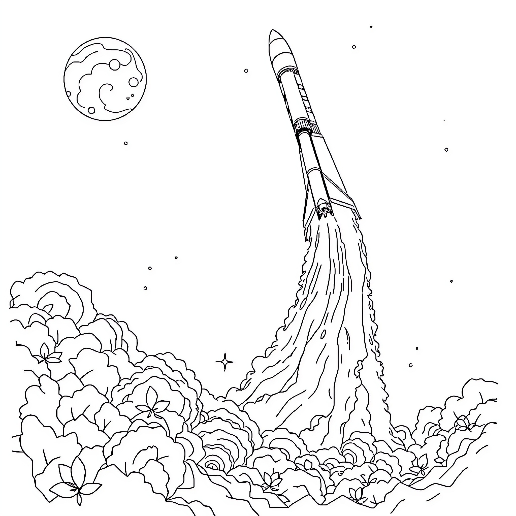 Rocket launching into the cosmic night sky Coloring Page (free black-and-white line drawing printable PDF for all, from beginners to advanced learners, including children, teens, adults, and seniors)