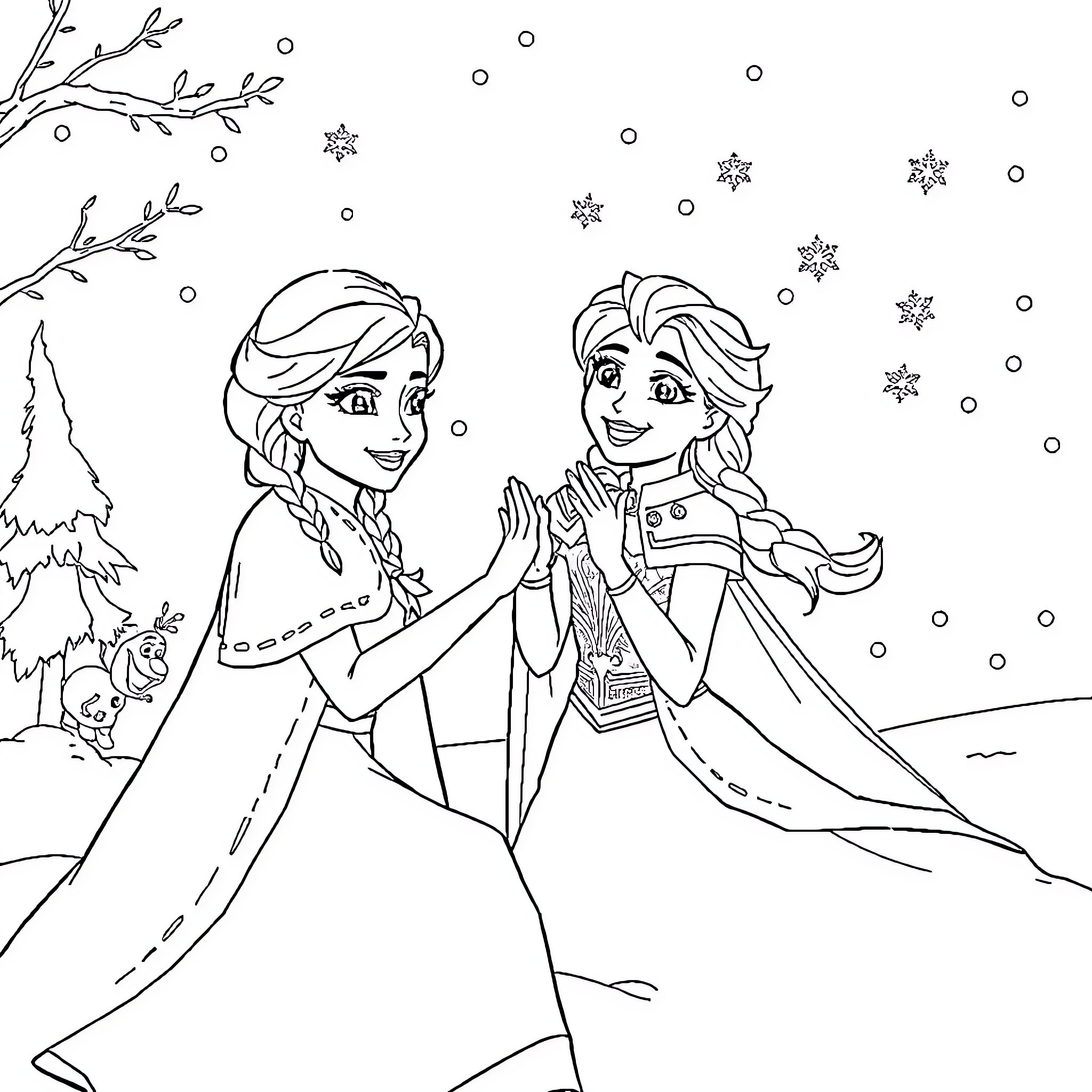 Elsa and Anna's Winter Wonderland Adventure Coloring Page (free black-and-white line drawing printable PDF for all, from beginners to advanced learners, including children, teens, adults, and seniors)