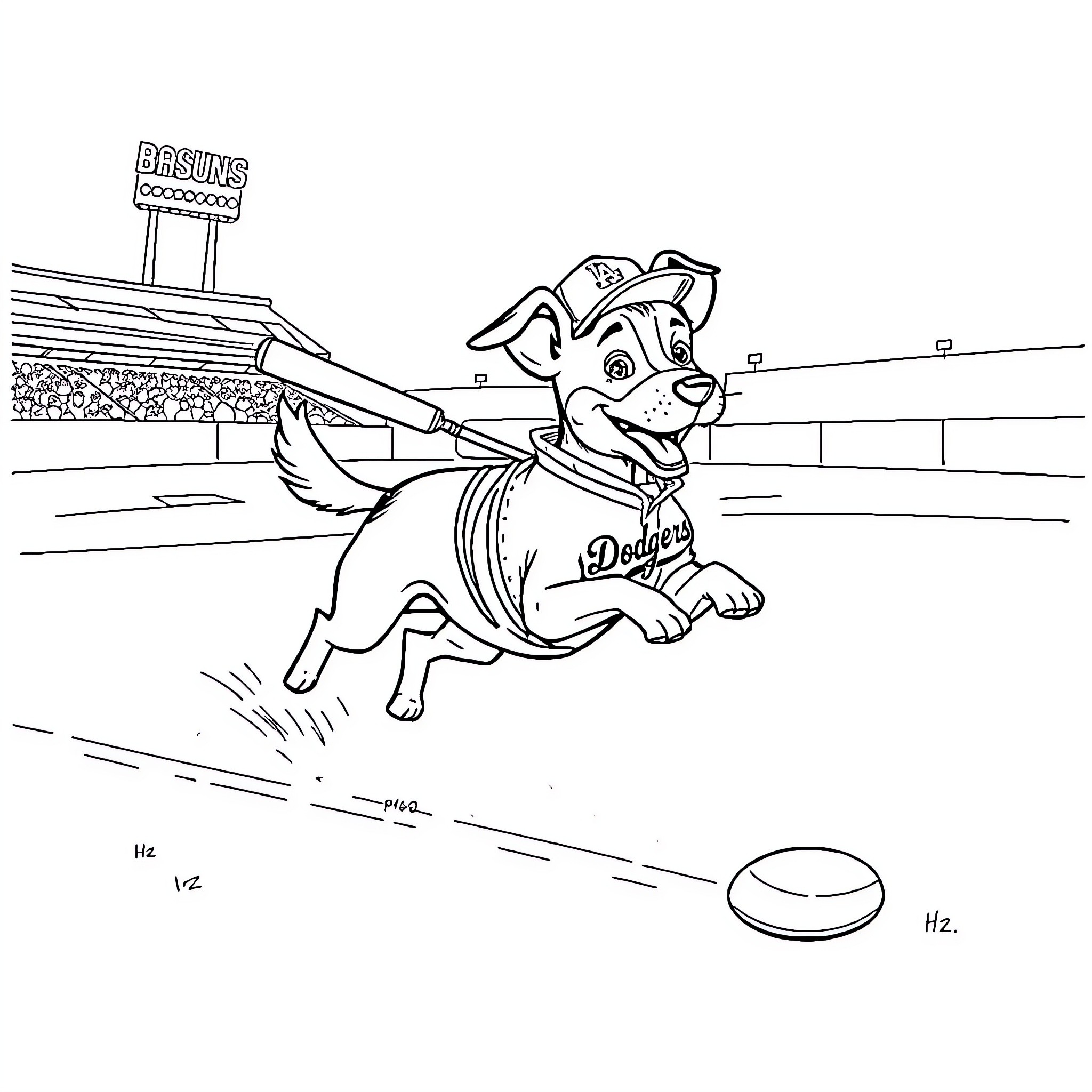 Jack Russel Terrier chasing a baseball on the field Coloring Page (free black-and-white line drawing printable PDF for all, from beginners to advanced learners, including children, teens, adults, and seniors)
