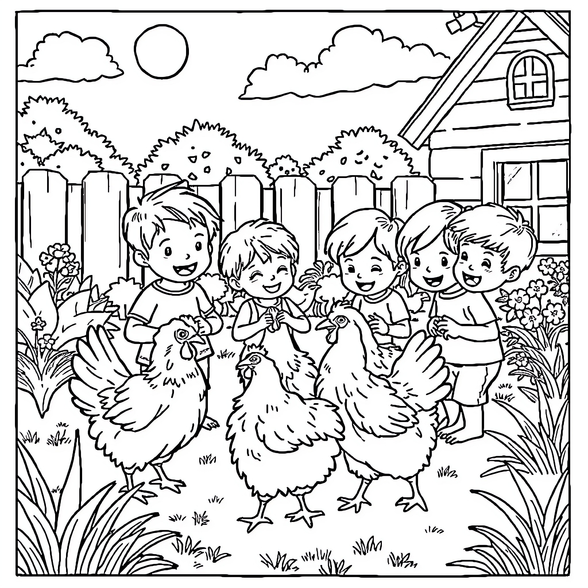 Kid playing happily with pets in the backyard Coloring Page (free black-and-white line drawing printable PDF for all, from beginners to advanced learners, including children, teens, adults, and seniors)