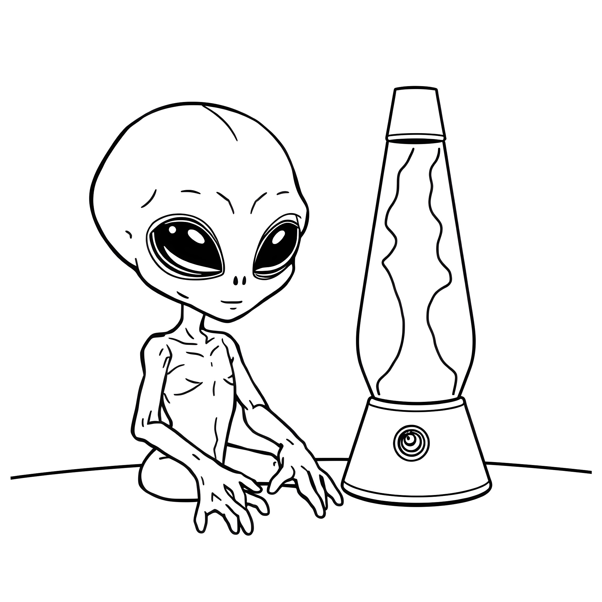 Alien examines a peculiar device Coloring Page (free black-and-white line drawing printable PDF for all, from beginners to advanced learners, including children, teens, adults, and seniors)